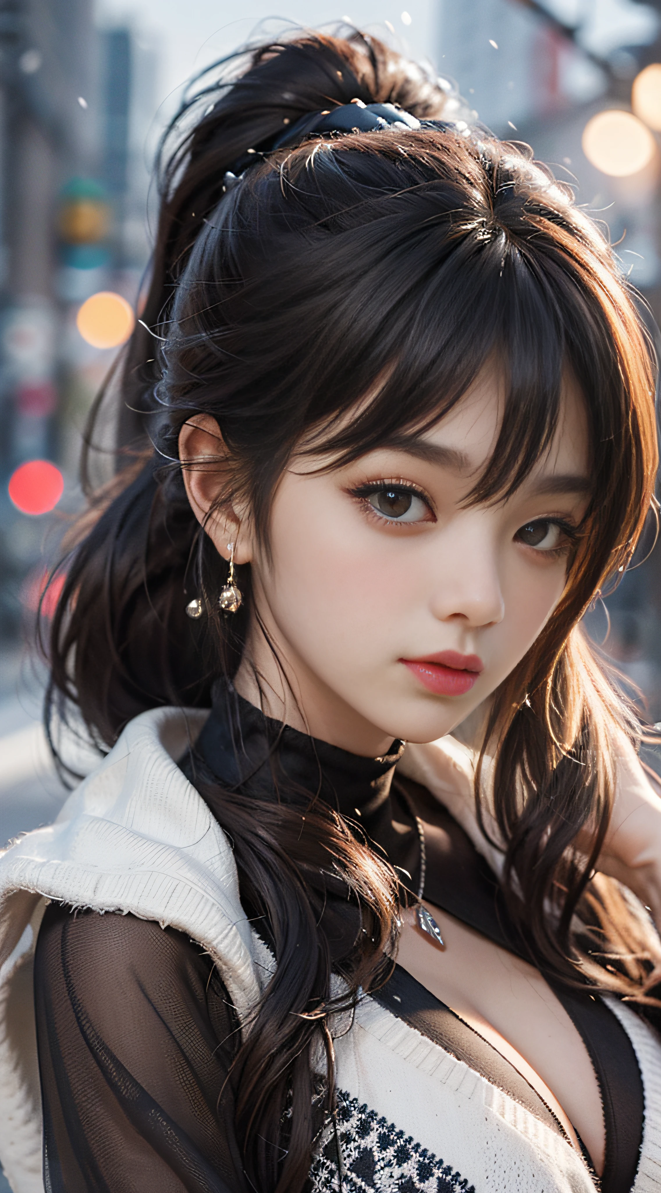 (Top Quality Detail: 1.2), Realistic, 8K UHD, High Definition, (1 Girl: 1.2), Super Detail, High Quality Texture, Complex Detail, Detail, Very Detail CG, High Quality Shadows, Detail Beautiful Delicate Face, Detail Beautiful Delicate Eyes, Depth of Field, Ray Tracing, 20s, Pretty Kpop Girl, (Korea: Ulsan Face: 1.1), slender body, (ulzzang-6500-v1.1:0.6), PureErosFace_V1, glowing eyes, blush, shiny lips, perfect body, (big breasts emphasized, cleavage, sweater, pantyhose: 1.1), (brown hair, ponytail: 1.1), winter_street, snow_particle, Christmas, looking at the camera,