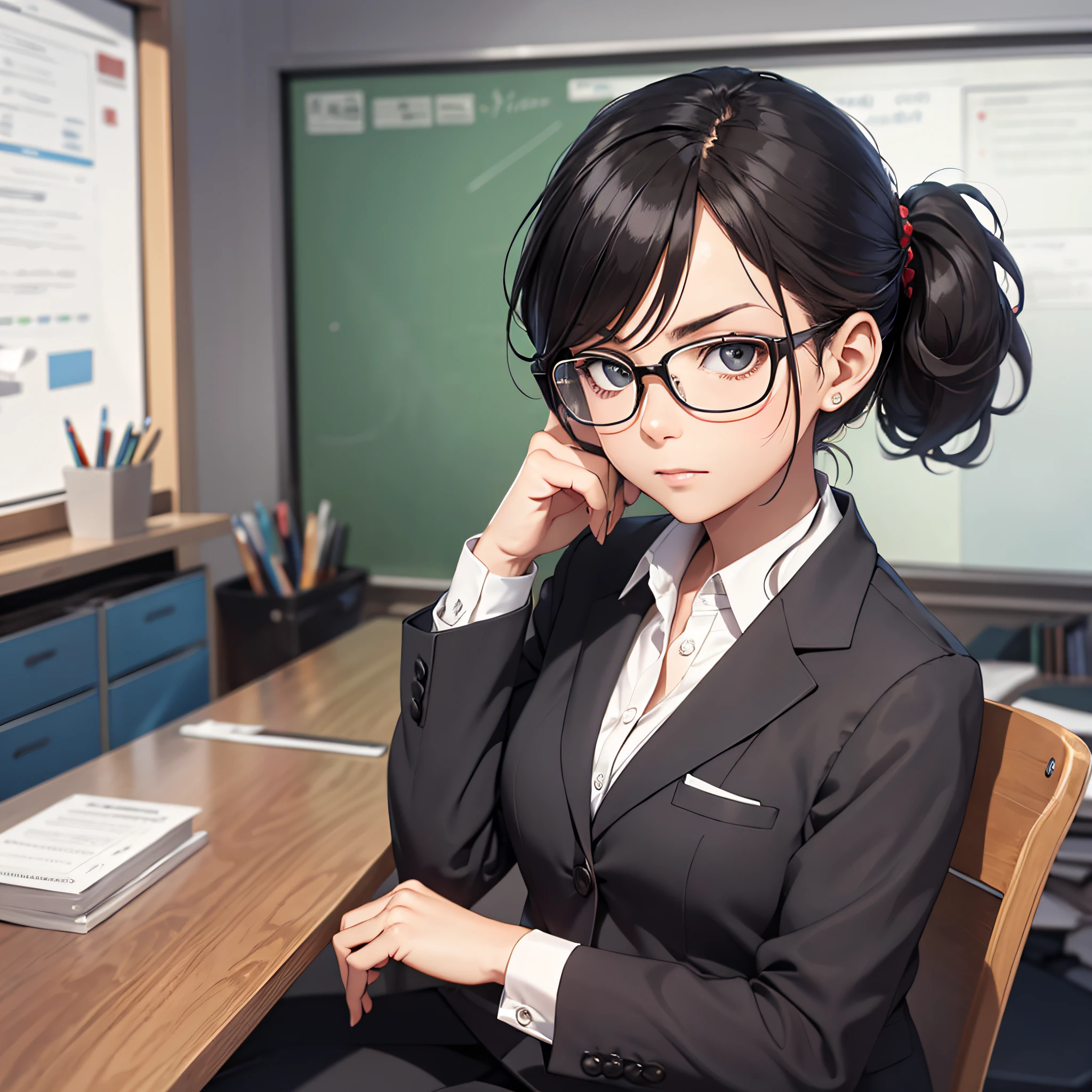 Ridiculous resolution, high resolution, (masterpiece: 1.4), hyperdetail, female teacher, small black suit, with glasses, teacher sitting in office, serious expression