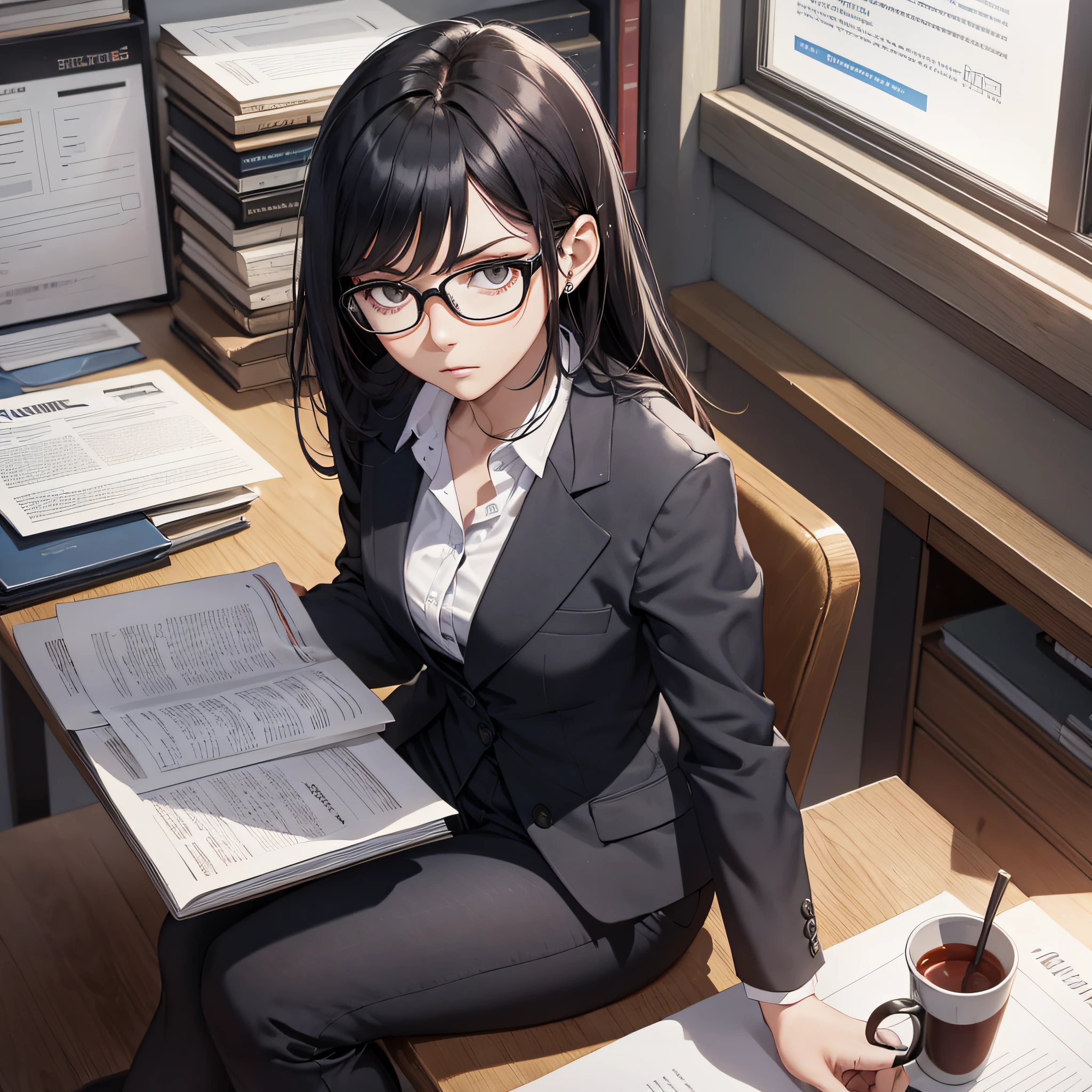 Ridiculous resolution, high resolution, (masterpiece: 1.4), hyperdetail, female teacher, small black suit, with glasses, teacher sitting in office, serious expression