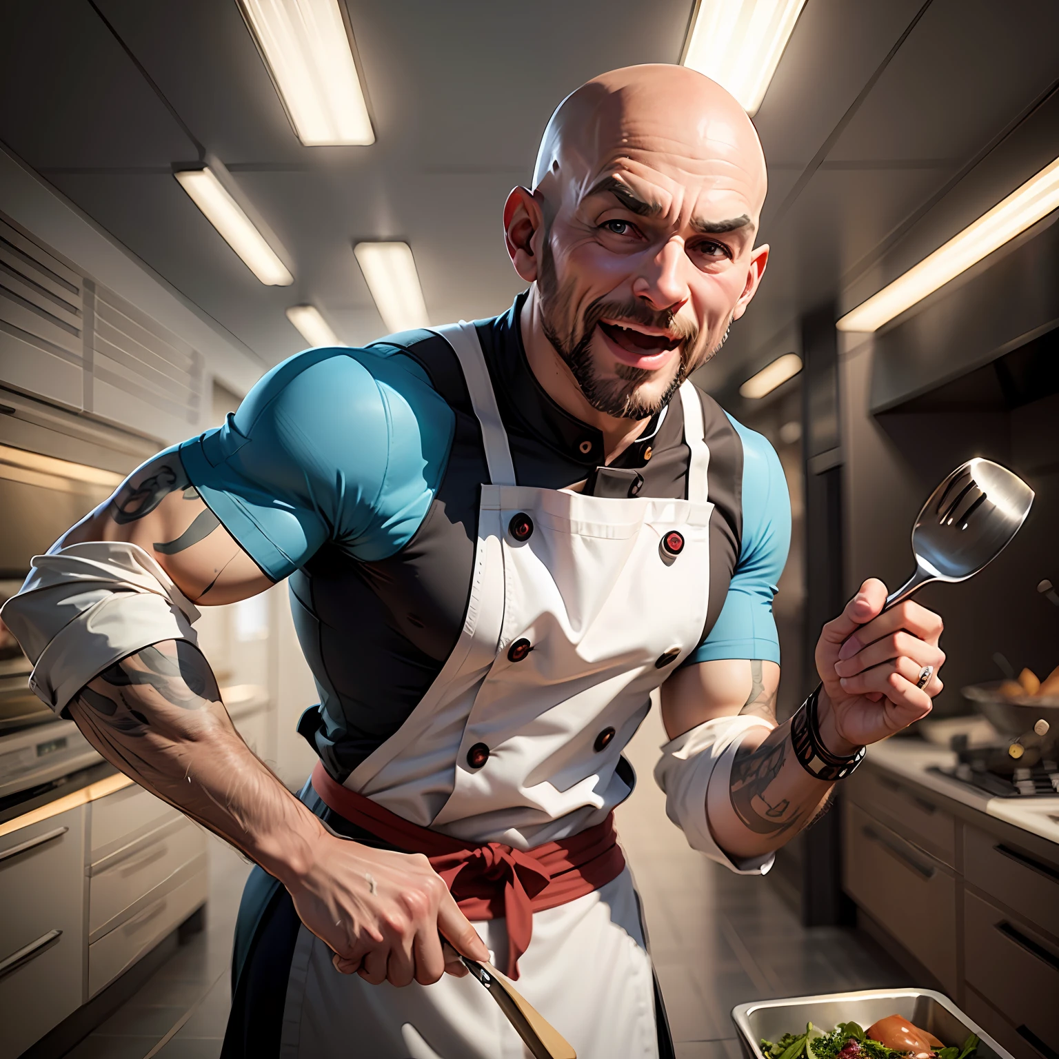 A bald man chef, enthusiastic colorful animated avatar style to Bald Man enthusiastic color chef, animated realistic fun --auto --s2