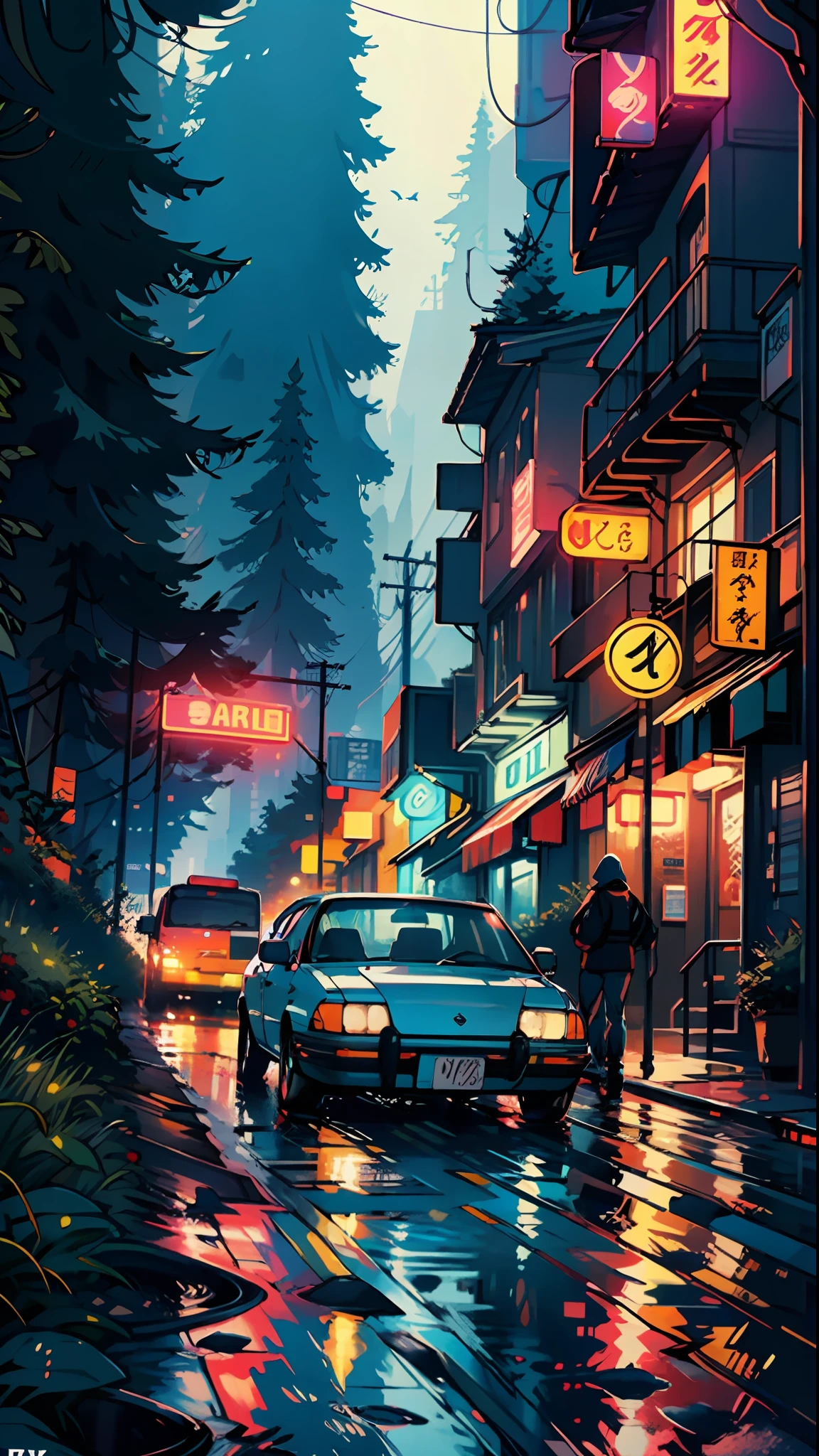 Sports Car, Retro, Full Color, Multicolor, Artistic, Superior Detail, Super Quality, Fine Details, Highlights, Neon Lights, 8k, Masterpiece, City Night, Neon Lights, Wet Road, Mountains, Forest,