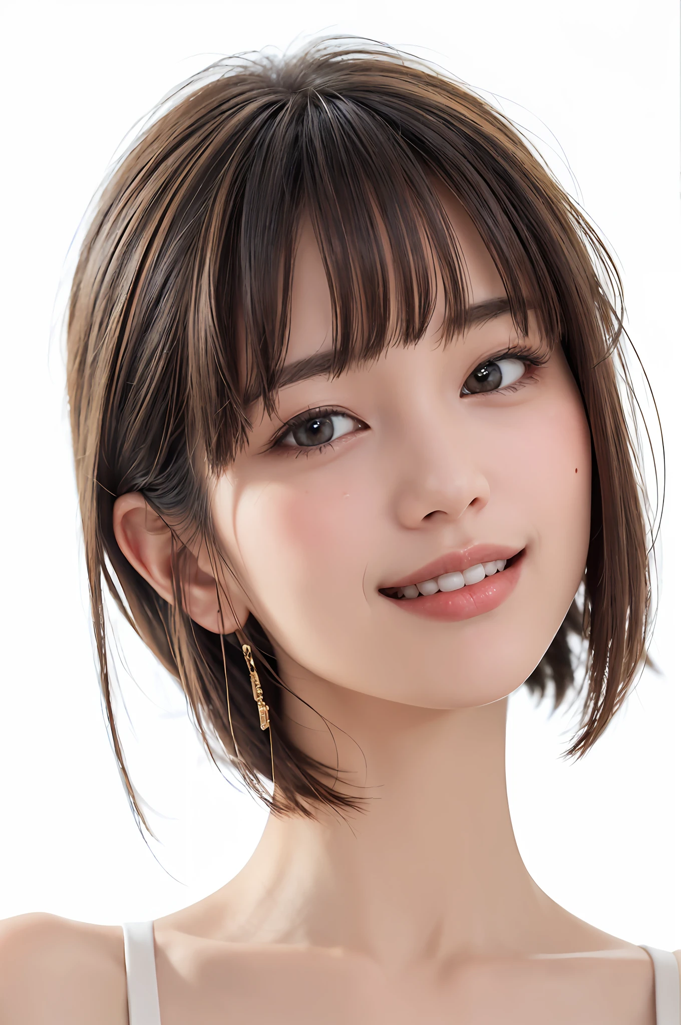 (((showpiece, top quality, high precision)), one girl, (big breasts, photorealistic: 1.4), ((slightly above also look up the camera, look up at the camera, look up, look up at the camera))), solo, , white background, snow-white background, close mouth, happy smile, smile happily, pretty black hair, short hair, Big eyes, pronounced double eyelids, eyelashes, ears out, long neck, long neck, absolute area, ((face close-up, short hair with bangs)), 19 years old, attractive proportions, shiny skin, clean collarbone, golden ratio face, perfect face, teary mole, mole on the chest, bangs, clean bangs, beautiful bangs, lip gloss, thin lips, white skin, undressed, big breasts, small face, small face, Staring at the camera slightly upwards, ((smiling a little at the camera, really nothing but pure white background, close-up on face, very big big, big breasts))