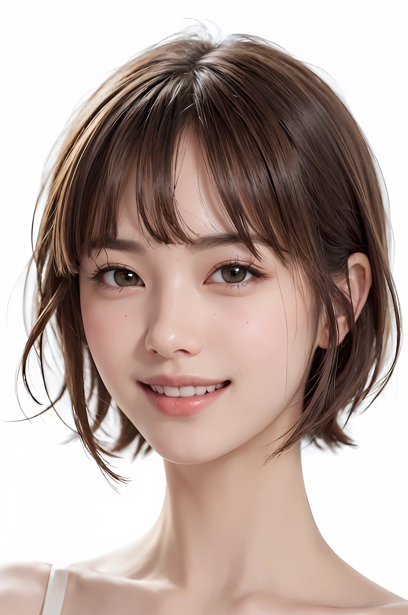 (((showpiece, top quality, high precision)), one girl, (big breasts, photorealistic: 1.4), ((slightly above also look up the camera, look up at the camera, look up, look up at the camera))), solo, , white background, snow-white background, close mouth, happy smile, smile happily, pretty black hair, short hair, Big eyes, pronounced double eyelids, eyelashes, ears out, long neck, long neck, absolute area, ((face close-up, short hair with bangs)), 19 years old, attractive proportions, shiny skin, clean collarbone, golden ratio face, perfect face, teary mole, mole on the chest, bangs, clean bangs, beautiful bangs, lip gloss, thin lips, white skin, undressed, big breasts, small face, small face, Staring at the camera slightly upwards, ((smiling a little at the camera, really nothing but pure white background, close-up on face, very big big, big breasts))