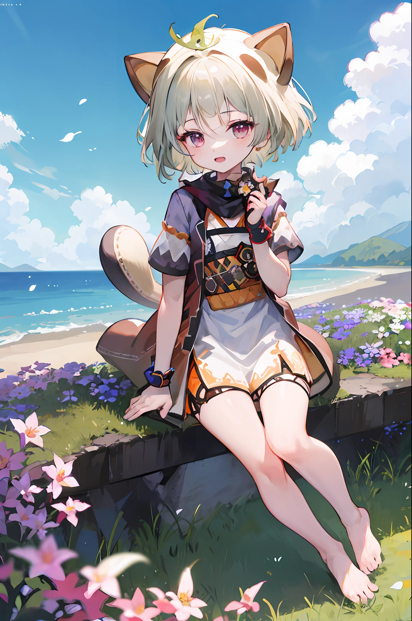 (Masterpiece, top quality), 1 girl, petite, flat-chested, solo, solo focus, barefoot, knees up, dress, sitting, short sleeves, looking at the audience, grass, short hair, smile, fluffy sleeves, outdoors, puffy short sleeves, bangs, on the ground, full body, animal, sunlight, mottled sunlight, sky, depth of field, open mouth, (flower, hair flower), w, variza, white dress