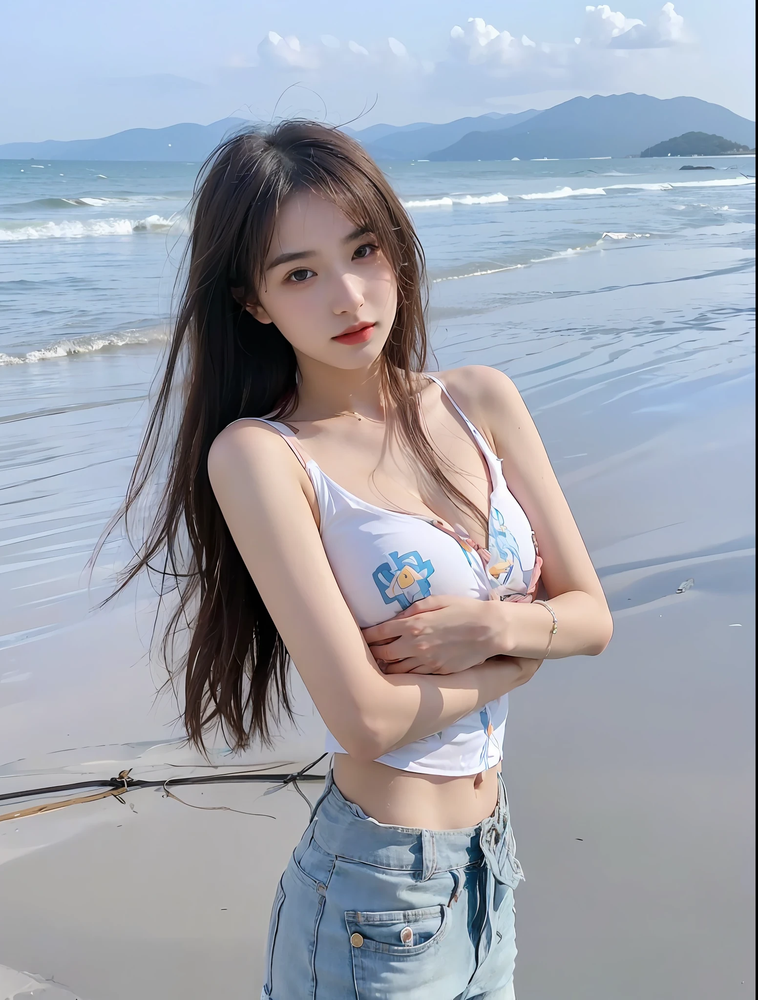 (Large breast:1.4),(swimsuit:1.4),(Best quality,masterpiece,ultra high res,(photorealistic:1.4),1girl,(16 years old:1.4),(partially unbuttoned:1.5),