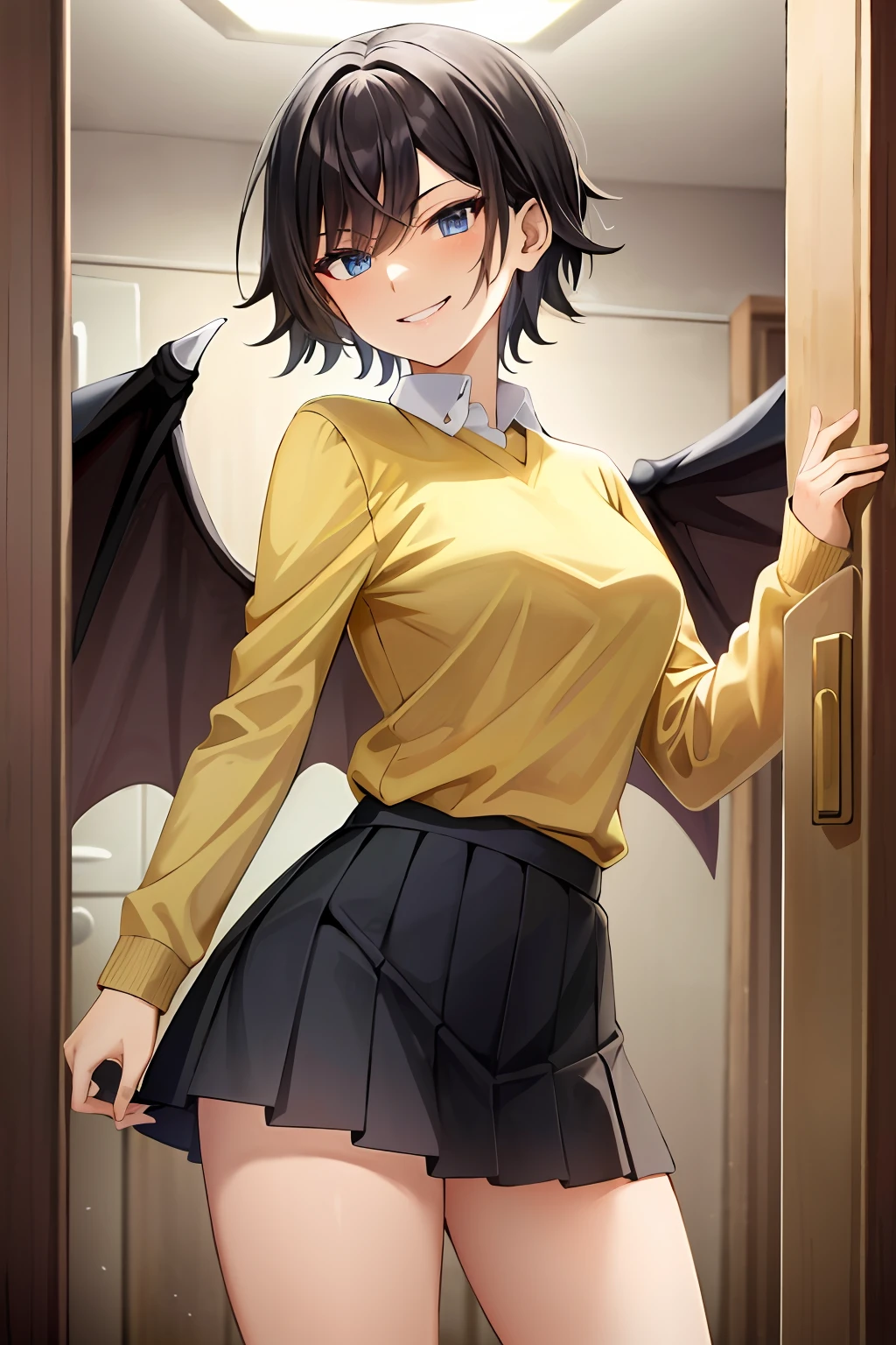 Masterpiece, Top Quality, High Resolution, Masterpiece, Adult Woman, Single, Yellow Sweater, Long Sleeve Sweater, Pleated Miniskirt, Black Miniskirt, Short Hair, Evil Smile, Black Hair, Bat Wings, Evil Smile, Evil Plan, School Uniform, Uniform, Blue Eyes, Jail, Indoor