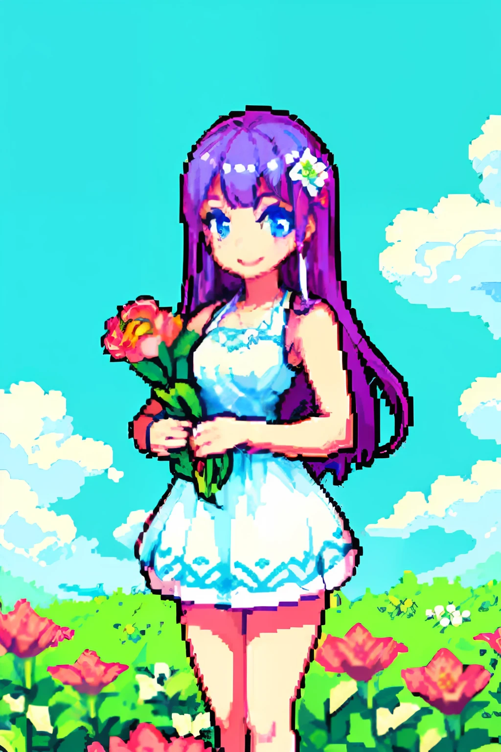 Two girls, beautiful light blue eyes, seductive smile, holding a bouquet of white flowers in front of chest, light pink hair, long hair, beautiful white dress, dark blue hair, white flower hair ornament, short cut, white and dark blue dress, blue sky, white clouds, clear weather, pastel colors, happiness, love
