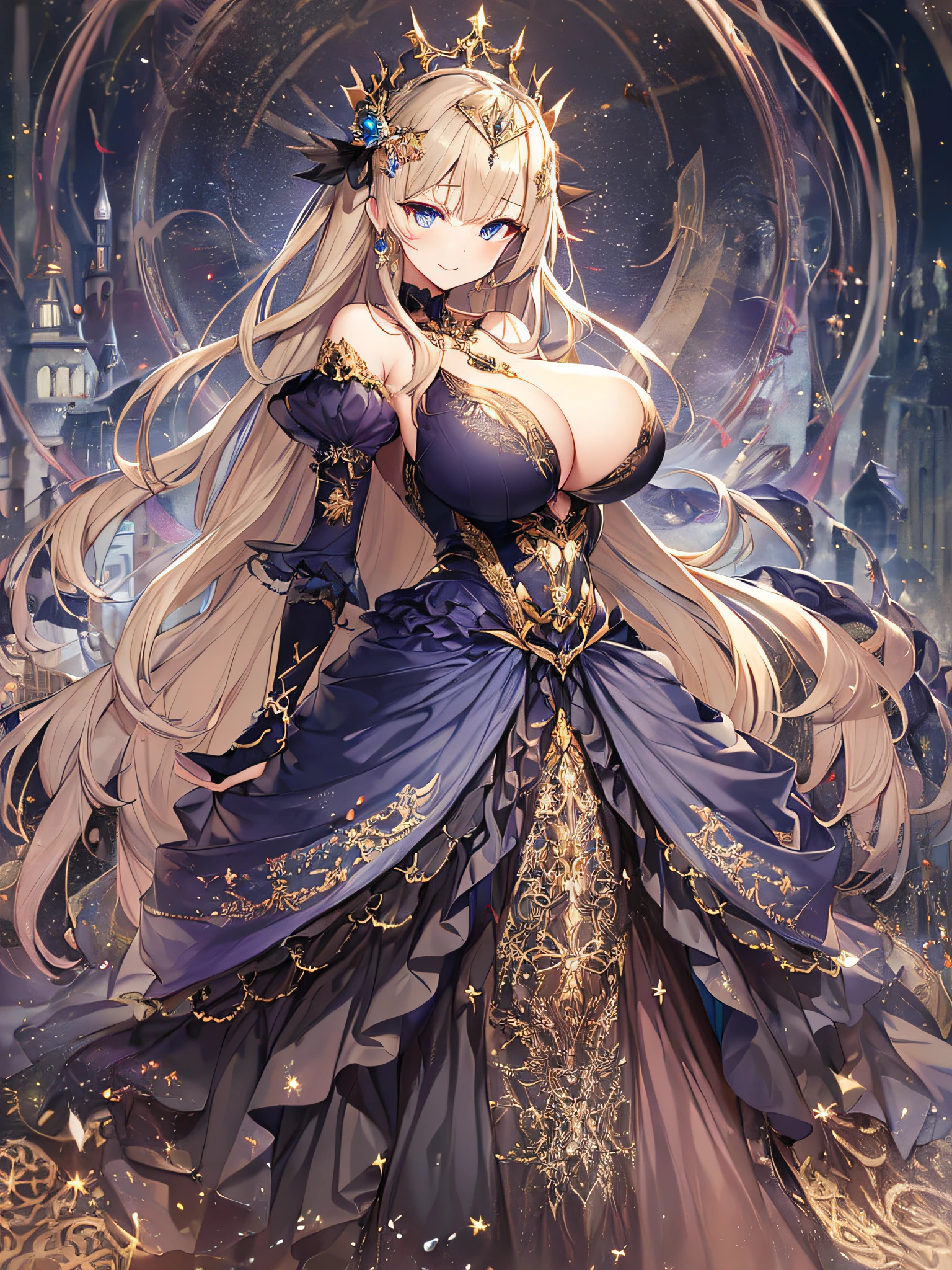 ((anime artstyle)),(Masterpiece),(Best Quality), (Super Detail),Illustration,((Very Delicate and Beautiful)),Focus on character,Dynamic Angle,Looking at viewer,((Solo)),standing,(((full body))),((one evil and cute princess in gorgeous ball gown with voluminous skirt)),detailed face and eyes,(Wicked laugh),jewel-like eyes,((Very Long voluminous Hair)),gorgeous embroidery and lace,See-through,ornate ruffles,Gorgeous jewelry ornaments,luxury hair ornament,luxury and evil tiara with jewels,(gigantic breasts,Long breasts),full body,((evil atmosphere)),full body,((gorgeous ball gown with voluminous skirt))