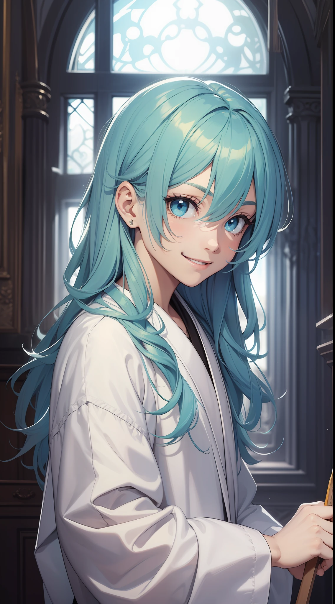 Young boy, long aquamarine hair, blue eyes, white artist robes, smile, brush, masterpiece, high quality