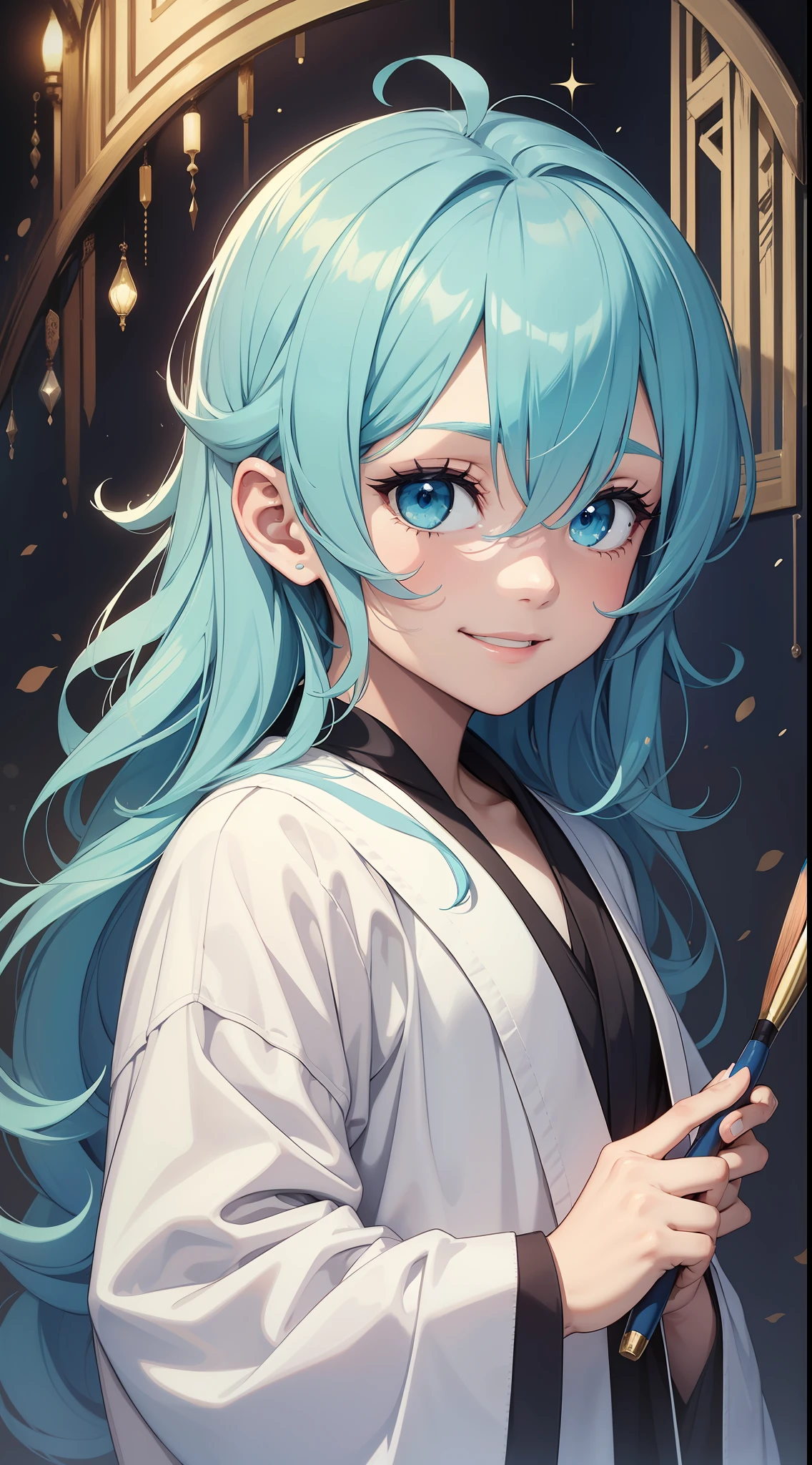 Young boy, long aquamarine hair, blue eyes, white artist robes, smile, brush, masterpiece, high quality