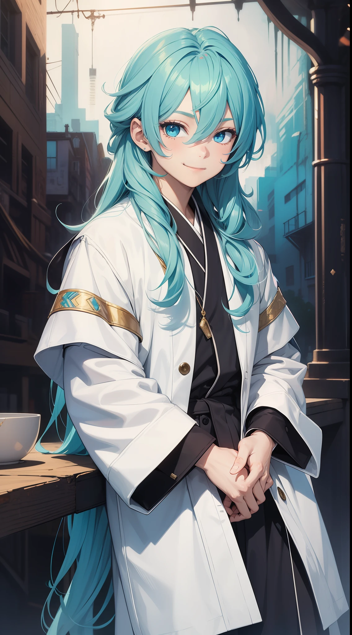 Young boy, long aquamarine hair, blue eyes, white artist robes, smile, brush, masterpiece, high quality