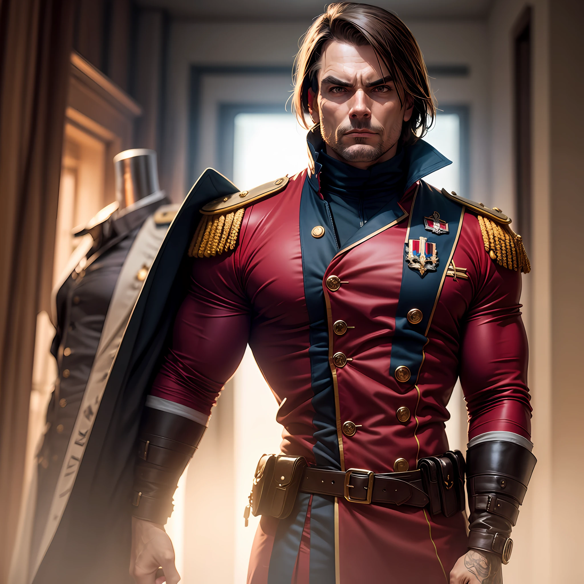 Bolsonaro cosplay dress of Captain Patria, realistic, red glow in the eyes --auto
