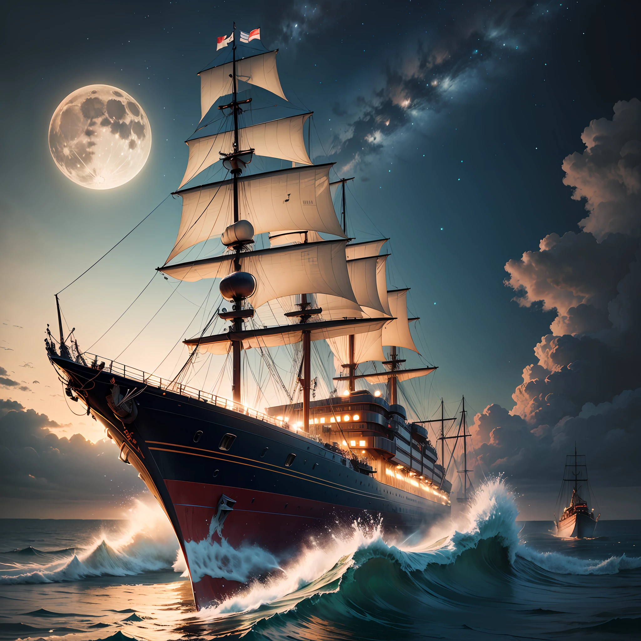 Computer Visualized Graphics, Realistic Fantasy, Extensive Landscape Ultrasound Photography (general view showing a huge wooden ship, with decks, 4 decks, stern, hold, sails, bow, tank, front of the ship + bow, rear + stern..
The front of the ship + tank.
The rear part above the stern is + ut..
The very bottom of the ship is the keel, it goes like a ridge, to which, like ribs, frames are attached, and to them is the skin.
A sailing ship has masts - from one to five (clippers), each has its own name, + anchor device, The power plant rotates the propeller or wheel (for obsolete paddle steamers) .. To increase survivability, the inside of the ship is hermetically divided by bulkheads into compartments. ), full moon, night sky, blurred background, warm, yellow, purple background, pink, warm, magic, "Hyper-realistic textures," "Precise details," "Realistic still life," "Realistic portraits," "Realistic landscapes." Watercolor drawing, "Majestic mountains," "Hyper-realistic textures," Banksy, Liu Bolin, Ansel Adams, Yoshitaka Amano realistic fantasy, Extensive landscape ultra photography, blurred background, cool, turquoise hue, a bit of purple, airy color, magic, storm, waves, foam "Hyper-realistic textures," "Precise details," "Realistic still life," "Realistic portraits," "Realistic landscapes." Lit cityscapes,” “Starry skies,” “Moonlit landscapes,” “Night time portraits,” “Long exposures.” “Lit cityscapes,” “Starry skies,” “Moonlit landscapes,” “Night time portraits,” “Long exposures.” 16:9 --ar --auto