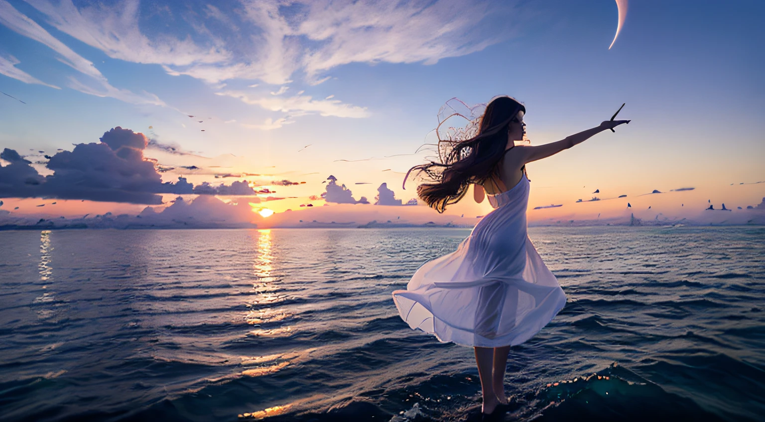 Top quality, ultra high resolution photo, drone footage, Maldivian sunset, woman in dress, woman with long hair, woman in back, full body, clear sky, yacht, moon