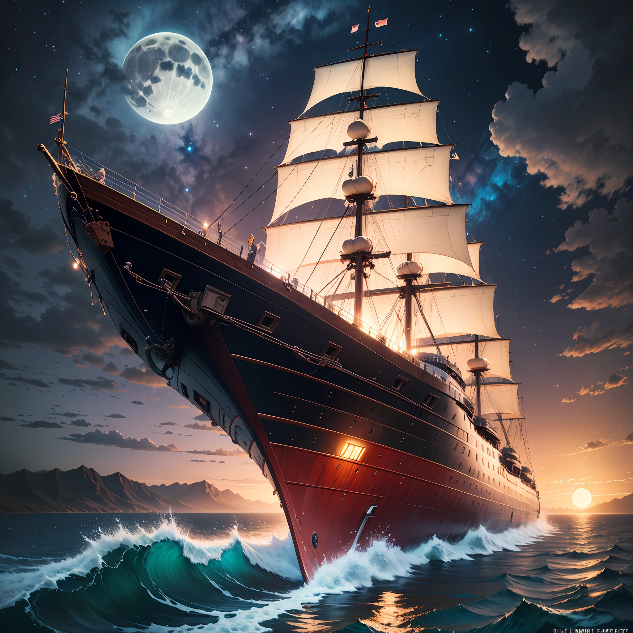 Computer Visualized Graphics, Realistic Fantasy, Extensive Landscape Ultrasound Photography (general view showing a huge wooden ship, with decks, 4 decks, stern, hold, sails, bow, tank, front of the ship + bow, rear + stern..

The front of the ship + tank. 

The rear part above the stern is + ut..

The very bottom of the ship is the keel, it goes like a ridge, to which, like ribs, frames are attached, and to them is the skin.

A sailing ship has masts - from one to five (clippers), each has its own name, + anchor device, The power plant rotates the propeller or wheel (for obsolete paddle steamers) .. To increase survivability, the inside of the ship is hermetically divided by bulkheads into compartments.  ), full moon, night sky, blurred background, warm, yellow, purple background, pink, warm, magic, "Hyper-realistic textures," "Precise details," "Realistic still life," "Realistic portraits," "Realistic landscapes." Watercolor drawing, "Majestic mountains," "Hyper-realistic textures," Banksy, Liu Bolin, Ansel Adams, Yoshitaka Amano realistic fantasy, Extensive landscape ultra photography, blurred background, cool, turquoise hue, a bit of purple, airy color, magic, storm, waves, foam "Hyper-realistic textures," "Precise details," "Realistic still life," "Realistic portraits," "Realistic landscapes." Lit cityscapes,” “Starry skies,” “Moonlit landscapes,” “Night time portraits,” “Long exposures.”    “Lit cityscapes,” “Starry skies,” “Moonlit landscapes,” “Night time portraits,” “Long exposures.” 16:9 --ar --auto