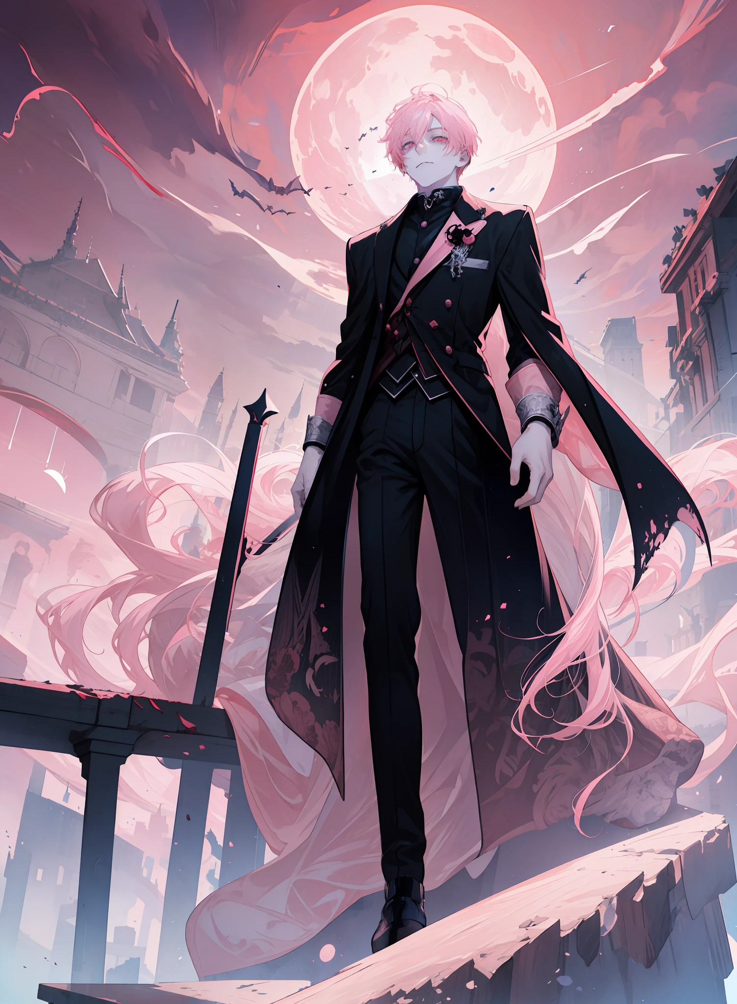 Absurdres, intricate details, masterpiece, best quality, ultra high res, 8k, 1boy, adult male, tall height, short length pale pink color hair, vampire, pink bats, glowing pink moon, battle, pink blood splatter, fighting, dark magic particles, 90 angle, blood on clothes and hands