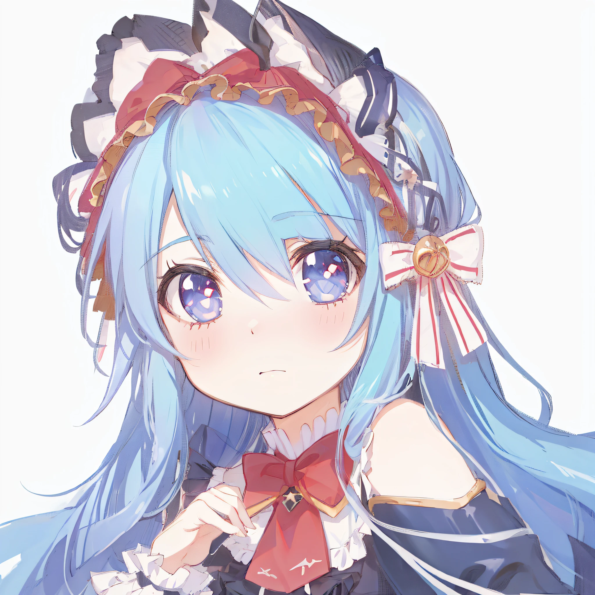 Anime girl with blue hair and red and white dress and red bow, ****, 2d anime, 2d anime style, different pupil, red left eye, blue right eye, rem rezero, anime moe art style, pixiv style, little curve ****, pixiv, hatsune miku portrait, 2d art, mikudayo, stylized anime