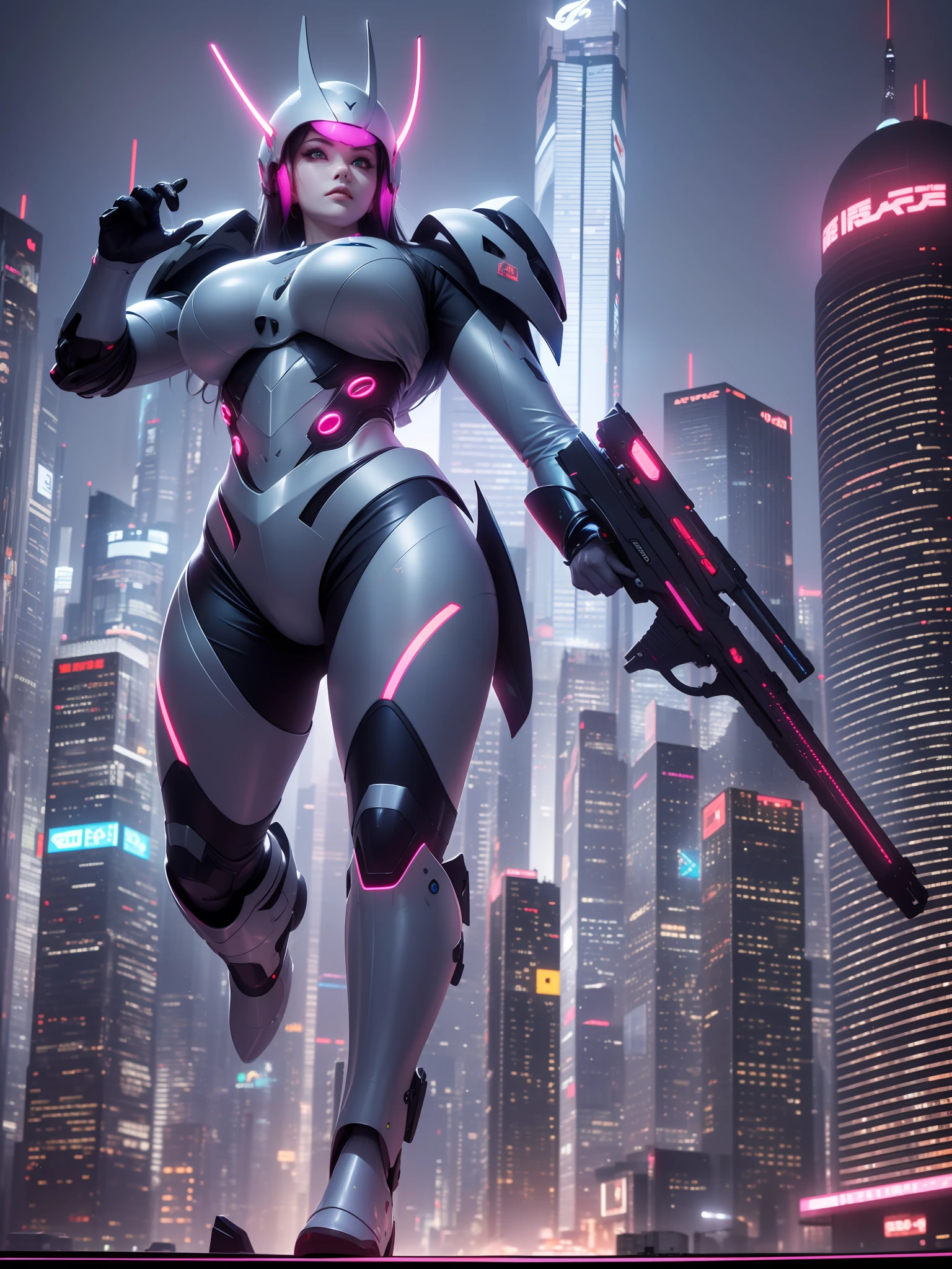 Best Quality), ((Masterpiece), (Very detailed: 1.3), 3D, (equidistance: 1.4), 1 futuristic technology city, in a futuristic city background, Canton Tower, Oriental Pearl, neon light street, full of traffic, (1 mecha warrior), (future warrior), 1 warrior in futuristic suit, armed full-body, fierce, hot-blooded, muscular explosion, wearing a futuristic helmet, futuristic glasses, holding a weapon in one hand, (1 universe), 1 spaceship speeding over the city, breaking the air, galloping, ray tracing, super resolution, Unreal 5, subsurface scattering, PBR texture, maximum clarity and sharpness, multi-layered texture, albedo and highlight maps, surface shading, perfect proportions, (neon light effects), (cyberpunk style),