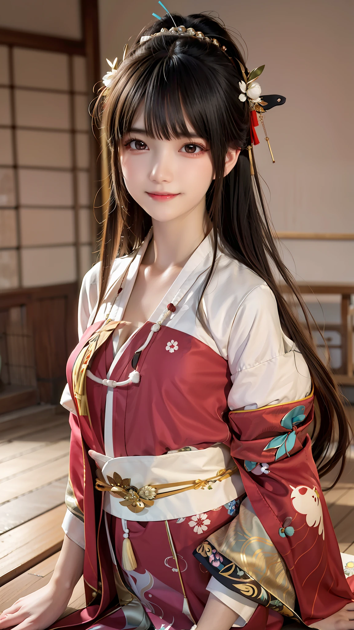A close up of a woman in a kimono sitting on a wooden floor - SeaArt AI
