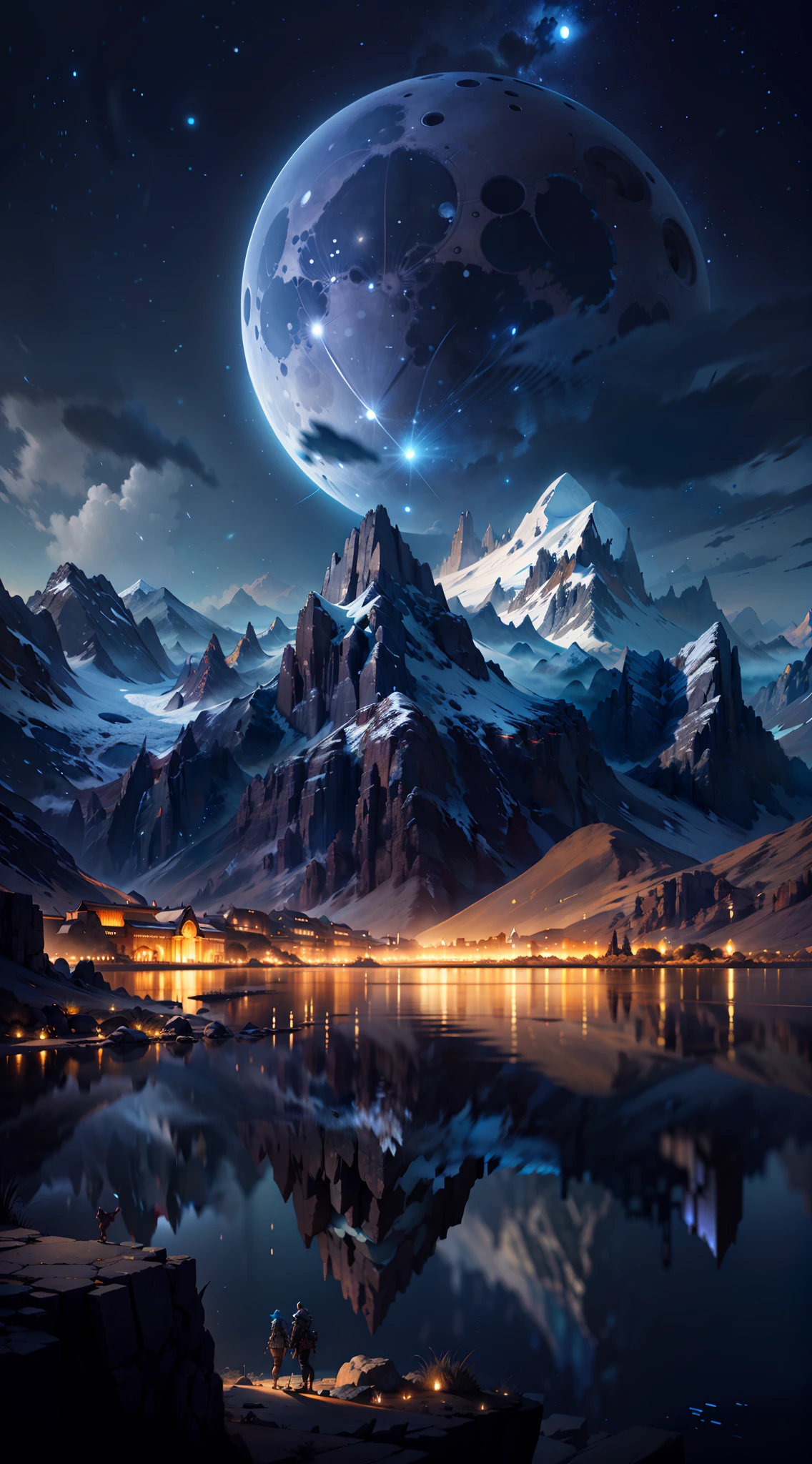 mountains and a lake with a full moon in the sky, 4k highly detailed digital art, sci-fi fantasy wallpaper, sci-fi fantasy desktop wallpaper, jessica rossier fantasy art, 4 k hd wallpaper very detailed, beautiful art uhd 4 k, concept art wallpaper 4k, 4k detailed digital art, 4k fantasy art, 8k stunning artwork