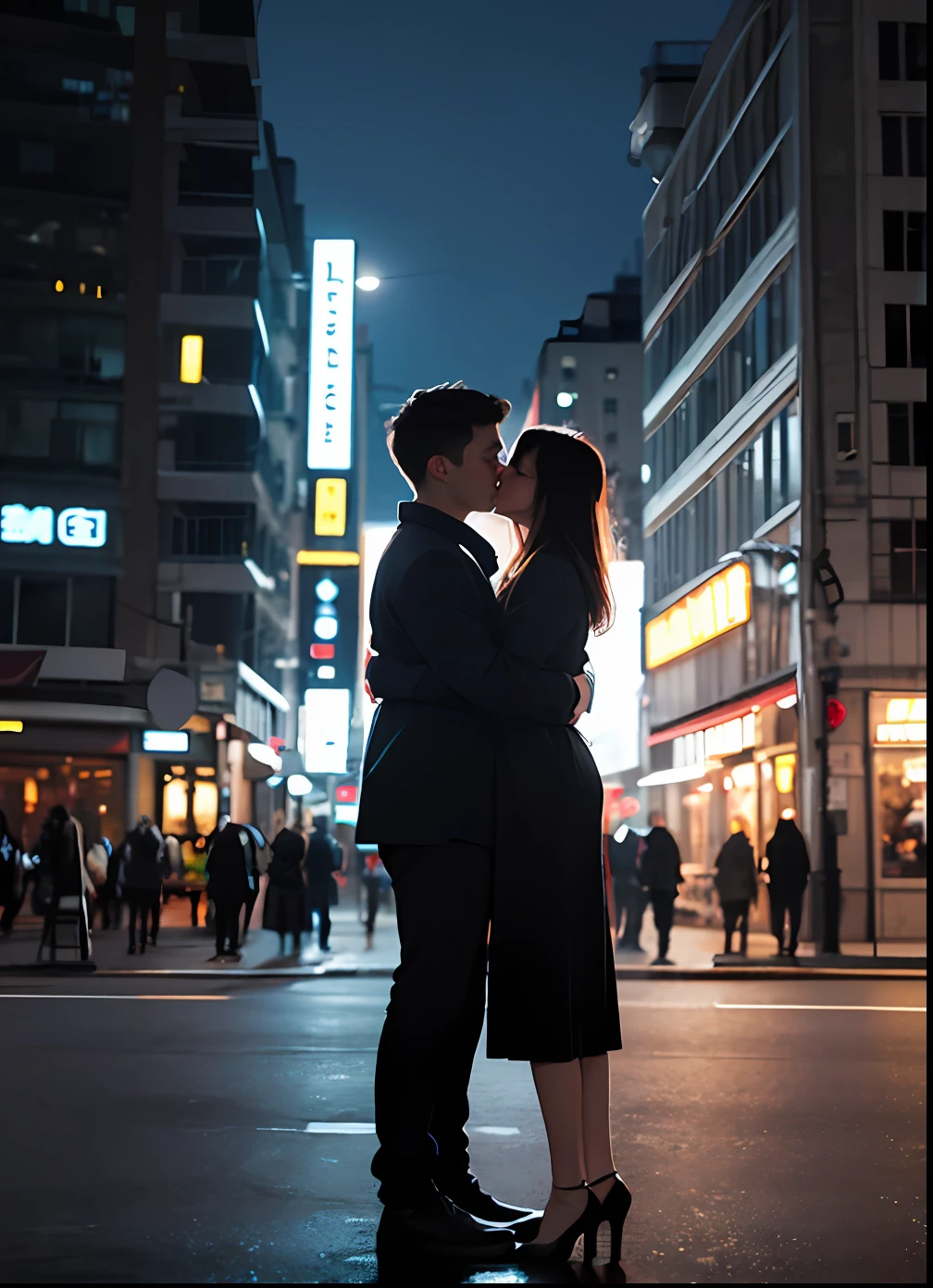 graphic design, flat design, a boy and a beautiful girl in their twenties, hugging, in love, romance. Full body. Night city, highly detailed clean, photorealistic masterpiece, professional photography, realistic, very dark background, isometric, vibrant color vector, high definition --auto