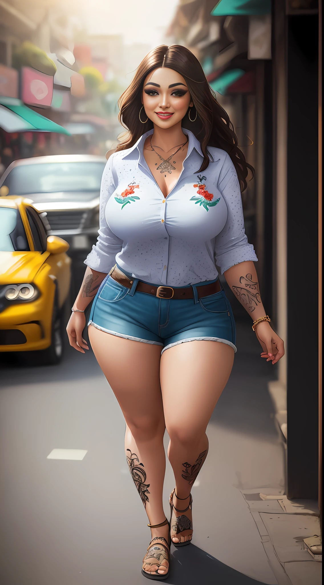 (masterpiece photography of a solo:1.2) (full body) alluring sexy curvy (27 yr old) Sundanese Supermodel Wina Dana Riniy warrier walking in style on Poris, Tangerang street, curvy, voluptuous, busty, thick, large breast, cleavage, sexy, exotics, (wearing crusted sexy shirt & embroidered shorts:1.3). hip hop energy, maximalism, (heavily tattooed:1.3), (sundanese makeup & jewelry:1.2) long brown hair with highlights,, vivacious, lustful glance, exhilarated (beautiful detailed eyes:1.1) , (flirty bright smile:1.2), blingy shopping district,(intense dramatic light:1.4), backlit, light rays, highly detailed, trending on artstation, paint splashes, rich colour, dazzling lights all around, (perfect brunette hairstyles), abstract portrait, by Atey Ghailan
