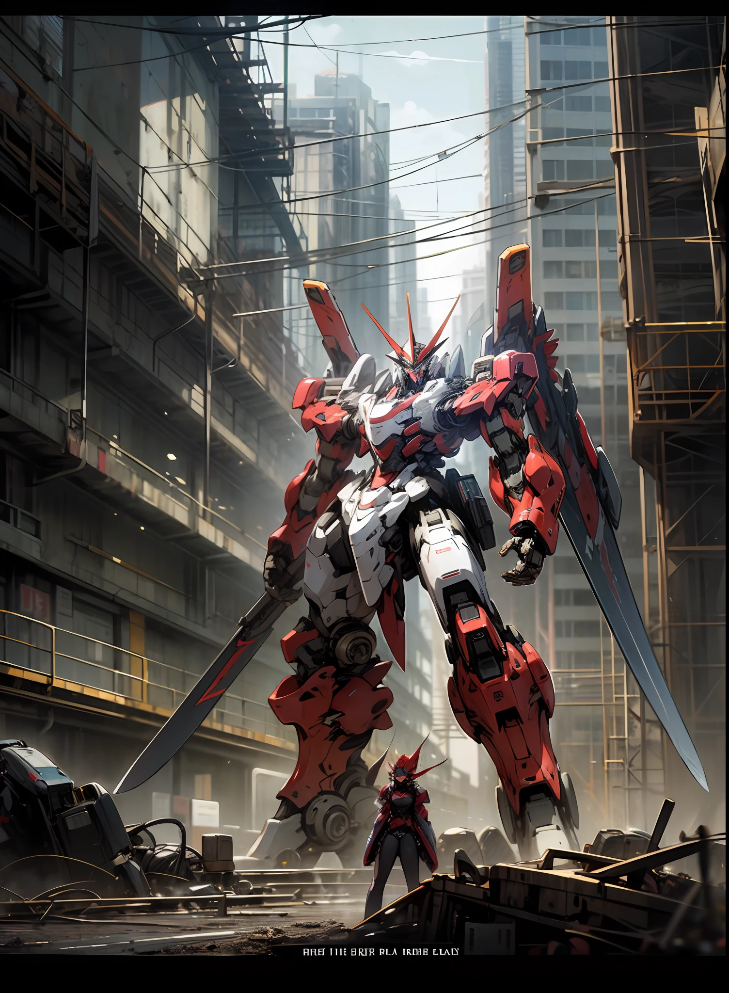 there is a robot standing in a city with a sword, cool mecha style, modern mecha anime, mecha art, an anime large mecha robot, anime mecha aesthetic, mecha anime, mecha inspired, mecha asthetic, alexandre ferra mecha, digital cyberpunk anime art, anime concept hdr anime macmanus, high quality digital concept art --auto