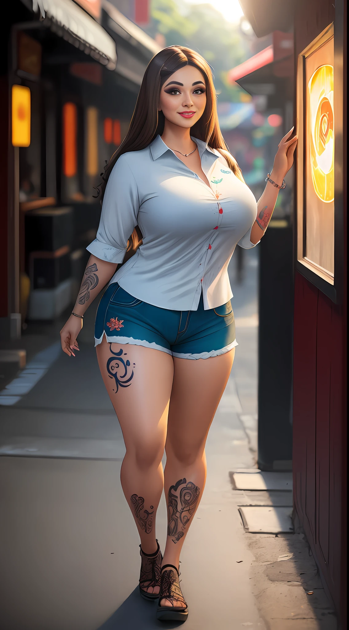 (masterpiece photography of a solo:1.2) (full body) alluring sexy curvy (27 yr old) Sundanese Supermodel Wina Dana Riniy warrier walking in style on Poris, Tangerang street, curvy, voluptuous, busty, thick, large breast, cleavage, sexy, exotics, (wearing crusted sexy shirt & embroidered shorts:1.3). hip hop energy, maximalism, (heavily tattooed:1.3), (sundanese makeup & jewelry:1.2) long brown hair with highlights,, vivacious, lustful glance, exhilarated (beautiful detailed eyes:1.1) , (flirty bright smile:1.2), blingy shopping district,(intense dramatic light:1.4), backlit, light rays, highly detailed, trending on artstation, paint splashes, rich colour, dazzling lights all around, (perfect brunette hairstyles), abstract portrait, by Atey Ghailan