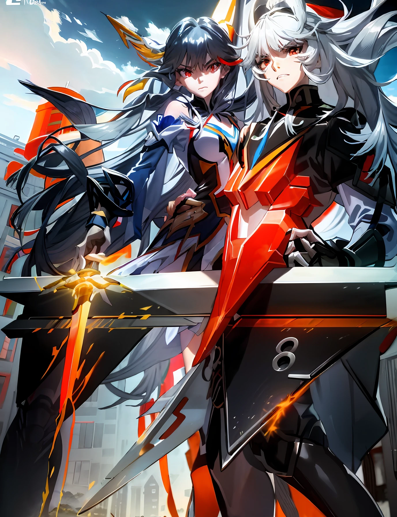 anime character with sword and armor on a table in a city, kill la kill illustration, badass anime 8 k, ryuko matoi, kill la kill, best anime 4k konachan wallpaper, attractive matoi ryuko, ssss.gridman, cushart kenz, style of ssss.gridman (2018), anime style 4 k