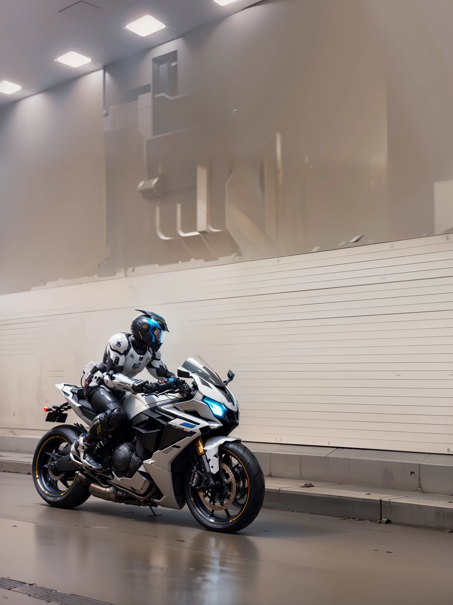 Handsome full body black mecha white short hair cyber handsome warrior, black cyber mechanical motorcycle, high-tech black full surround helmet, white short hair, Nousr, biomechanics, MSHN robot man, high-tech helmet, surreal, steel, complex design, crazy details, fine details, extremely clear lines, cinematic lighting, photo realism, detailed masterpiece