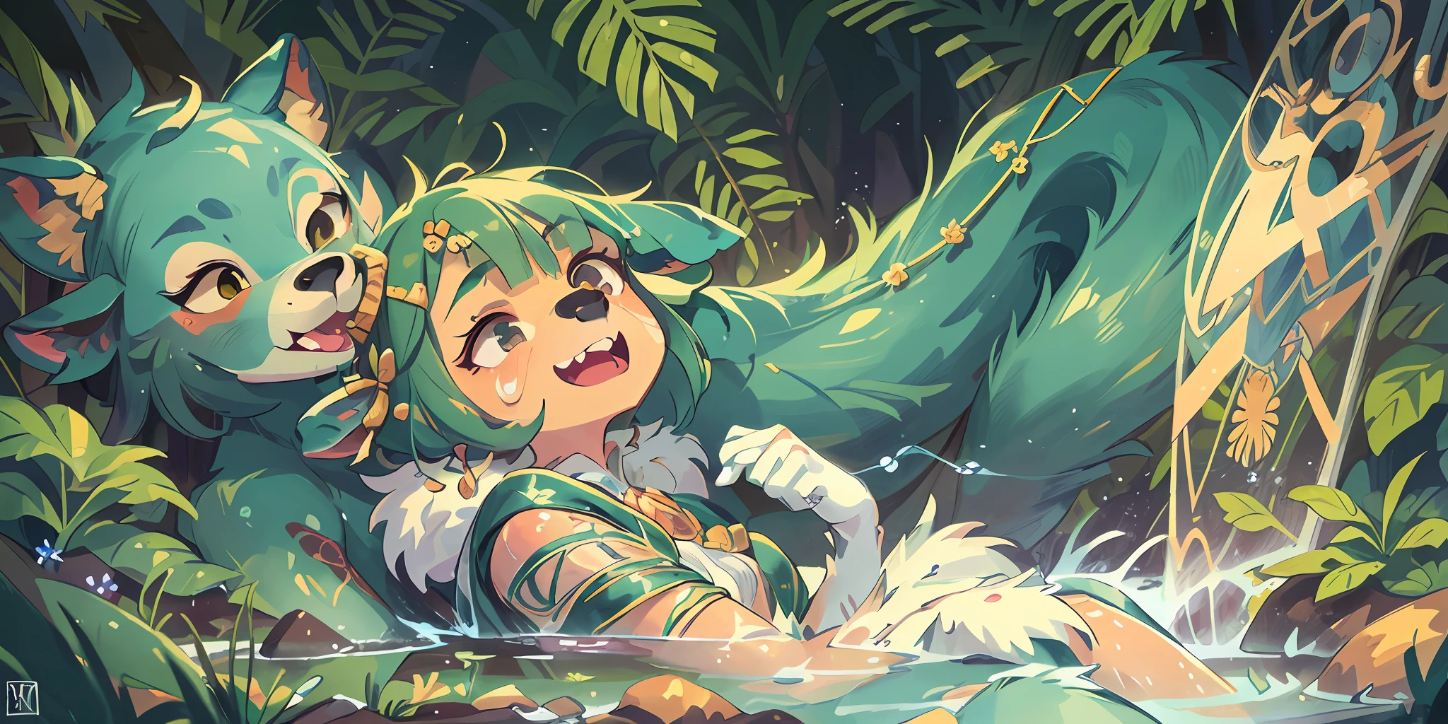 Top quality, ultra-fine illustrations, byAlphonse Mucha, Art nouveau, bathing in water, beautiful refraction of water, white dress soaked in water, transparent clothing, Delicate and elegant linework, Decoration with plant motifs, Geometric decoration, Poetic atmosphere, Rich colors, Dreamy, mystical, Tarot Card(In the forest where the stream flows, Backlighting)(beautiful face and eyes with great detail), absurdres perfect anatomy,((Beastwoman)),(Furry, Solo focus, dress),(furry anthro:1.7),(((furry body, Facial features of animal, Features of the animal body))),(((muzzle of the animal very detailed fur))),All over body, Smile, (portrait), (detailed pupils), (detailed iris of eyes),
