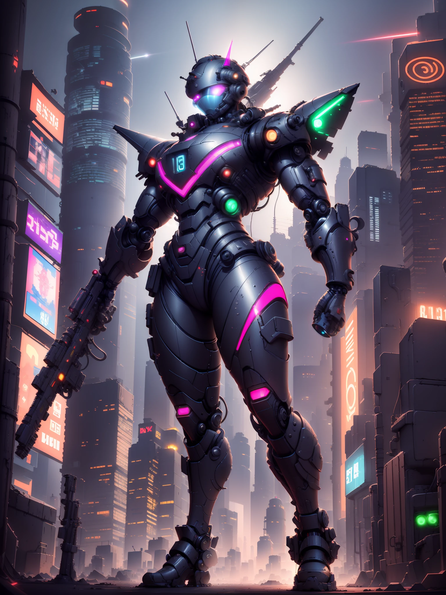 Best Quality), ((Masterpiece), (Very detailed: 1.3), 3D, (equidistance: 1.4), 1 futuristic technology city, in a futuristic city background, Canton Tower, Oriental Pearl, neon light street, full of traffic, (1 mecha warrior), (future warrior), 1 warrior in futuristic suit, armed full-body, fierce, hot-blooded, muscular explosion, wearing a futuristic helmet, futuristic glasses, holding a weapon in one hand, (1 universe), 1 spaceship speeding over the city, breaking the air, galloping, ray tracing, super resolution, Unreal 5, subsurface scattering, PBR texture, maximum clarity and sharpness, multi-layered texture, albedo and highlight maps, surface shading, perfect proportions, (neon light effects), (cyberpunk style),
