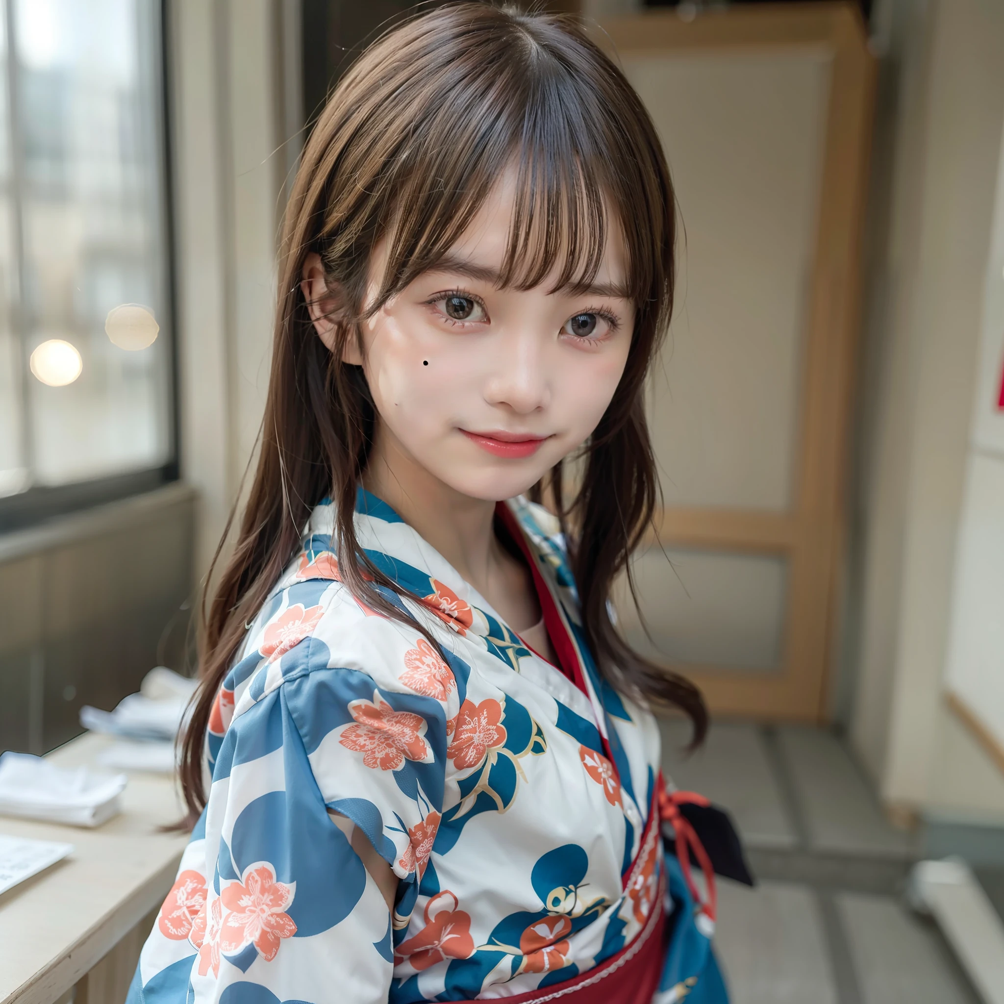 girl 1 person, cute, , smiling, looking viewer, sailor suit, yukata, small breasts, photo, realistic, best quality, adopted, detailed face, classroom, detailed background, diffuse lighting, depth of field, bokeh