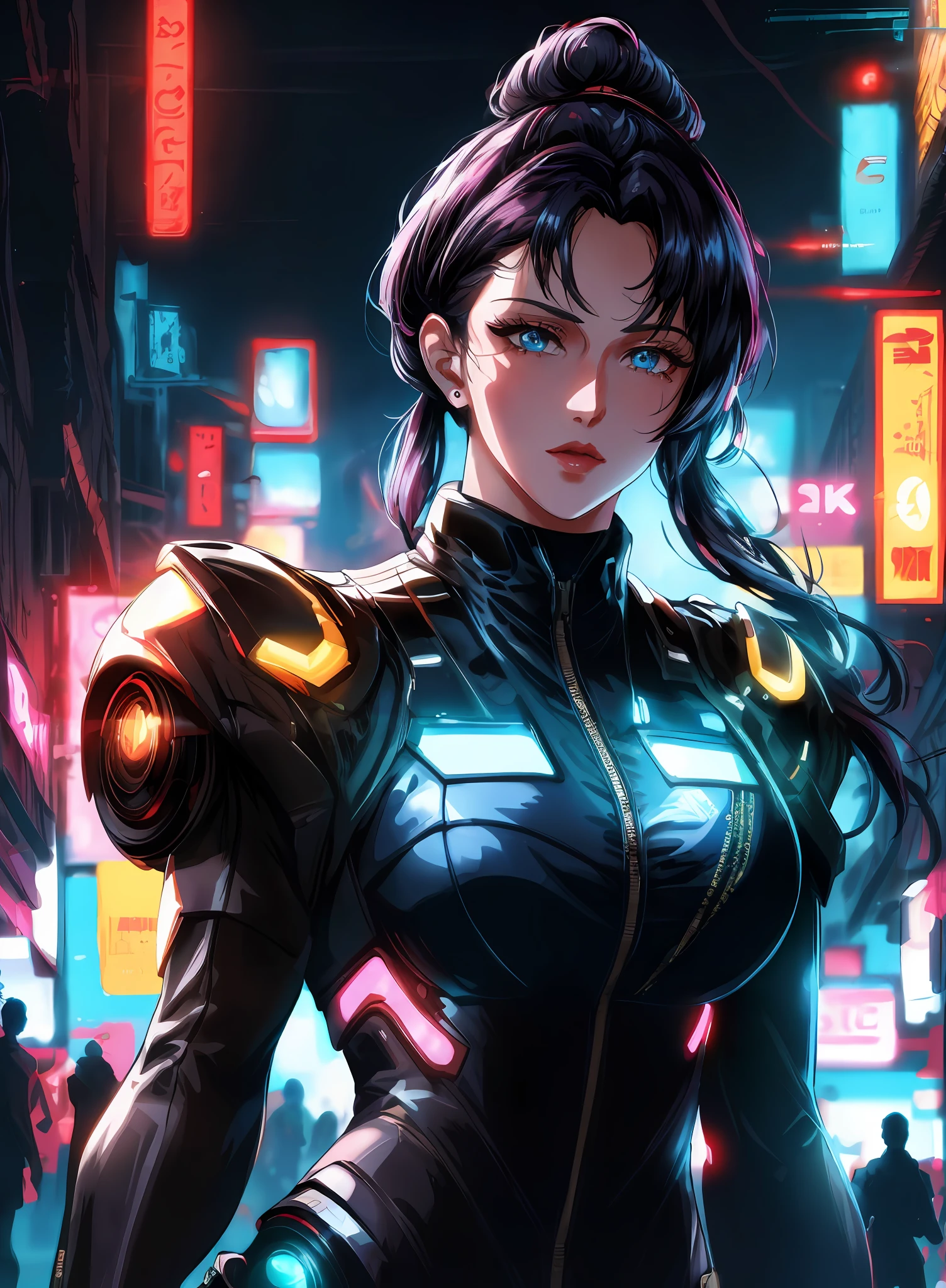 ModelShoot style, (very detailed 8k wallpaper), depicting characters in cyberpunk streets, pose character design study, backlight, light, very detailed, trends on artstation, 1 wife, solo