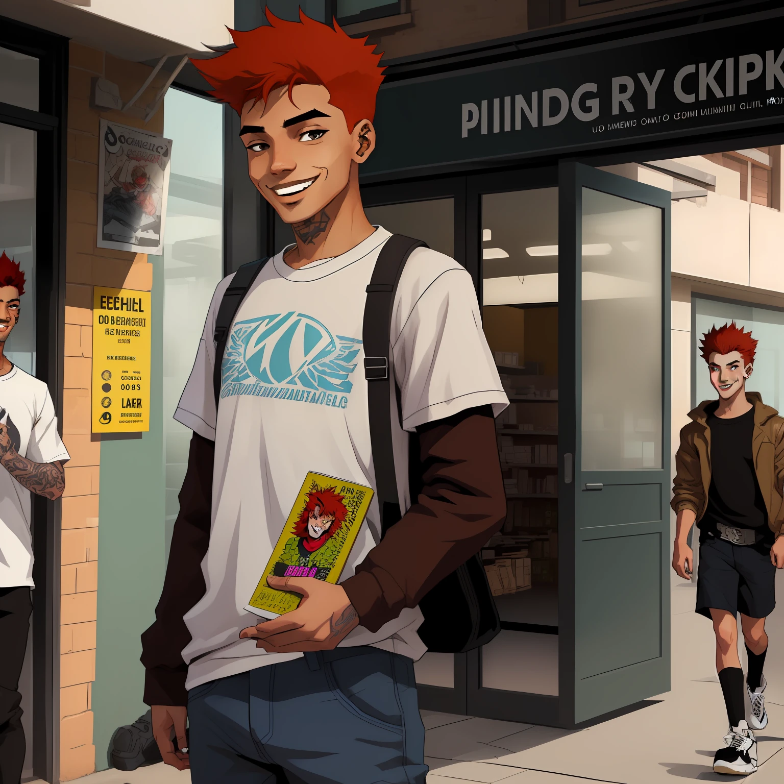 Young skinny punk boy smiling, red hair, short height, cool, 2d character, comics style