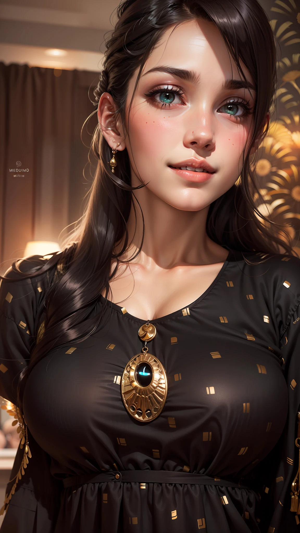 Hot Italian girl. Blushing and slightly smiling face. Long hair. black outfit. Midium eye size. Loose kurti. Full body coverd.