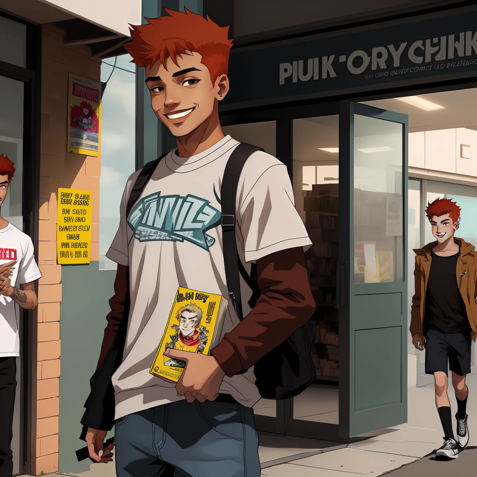 young skinny boy smiling softly, red-haired high school boy, short boy, cool little young boy, punk boy, 2d character, comics style