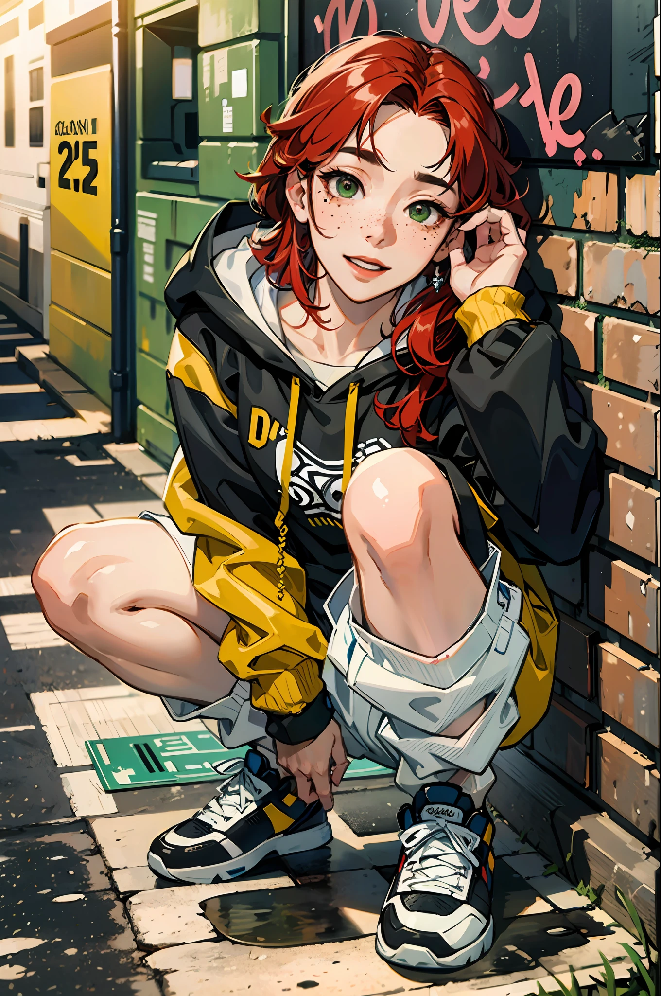 (absurdres, highres, ultra detailed, HDR), masterpiece, best quality, girl, solo, beautiful, red hair, fine green eye, tanned skin, freckles, detailed face, forehead, mole under the eye, oversized black and yellow hoodie, (white shorts), sneakers, pinched ear, squat, skateboarder, back alley bottom, big smile, from above, look up