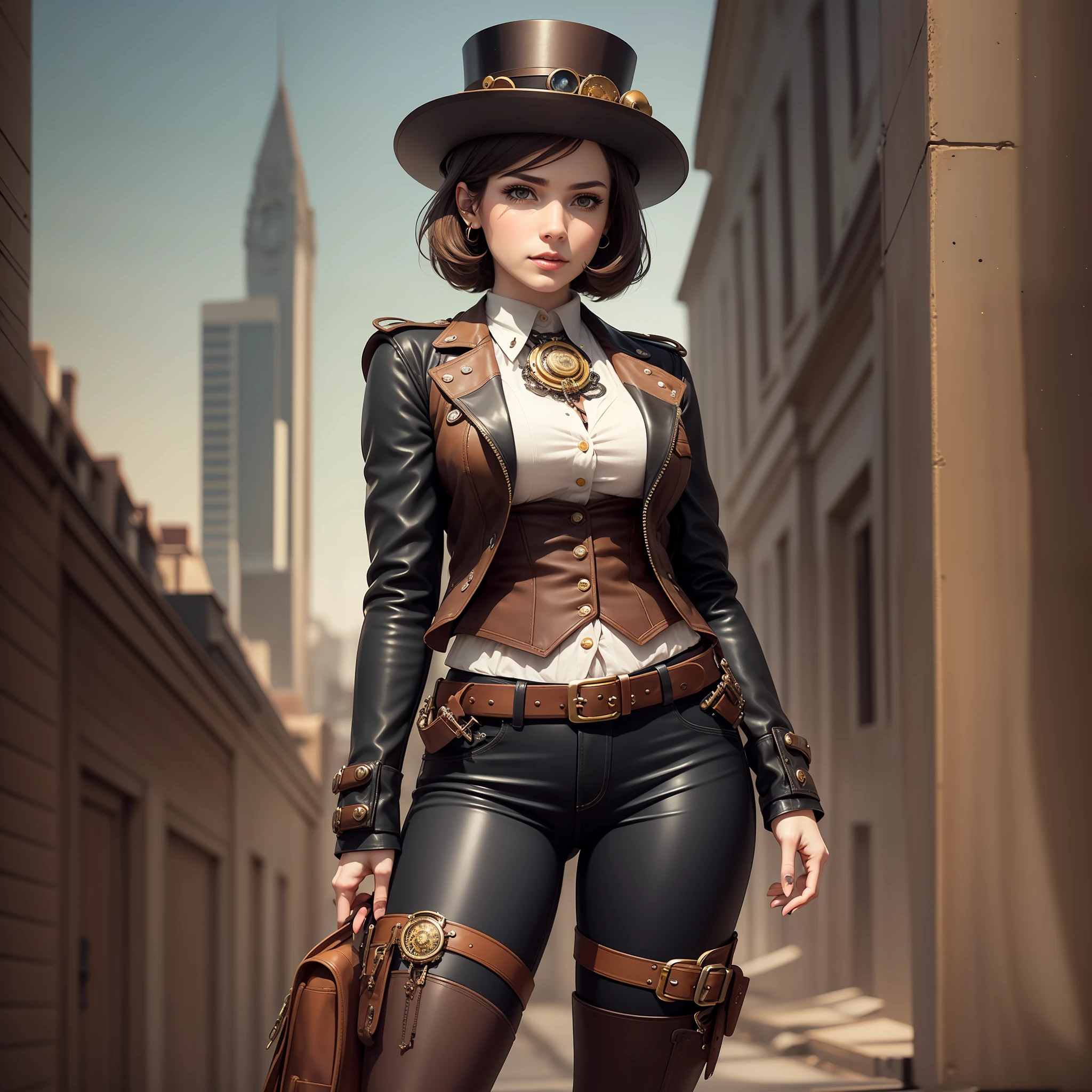 (intricate details), 27 years old, mature beauty, perfect anatomy, perfect face, makeup: 1.5, bright on face, facial detail, medium cut hair, brown hair, steampunk, blouse, leather vest, leather pants, long boots, top hat, antique goggles, um home d'tetive, conceptual art, realism, godley, film lighting, Multiview, Canon, UHD, High Detail, High Quality, HD, 16k,Centered,Full Body Portrait,Hat Top to Toe