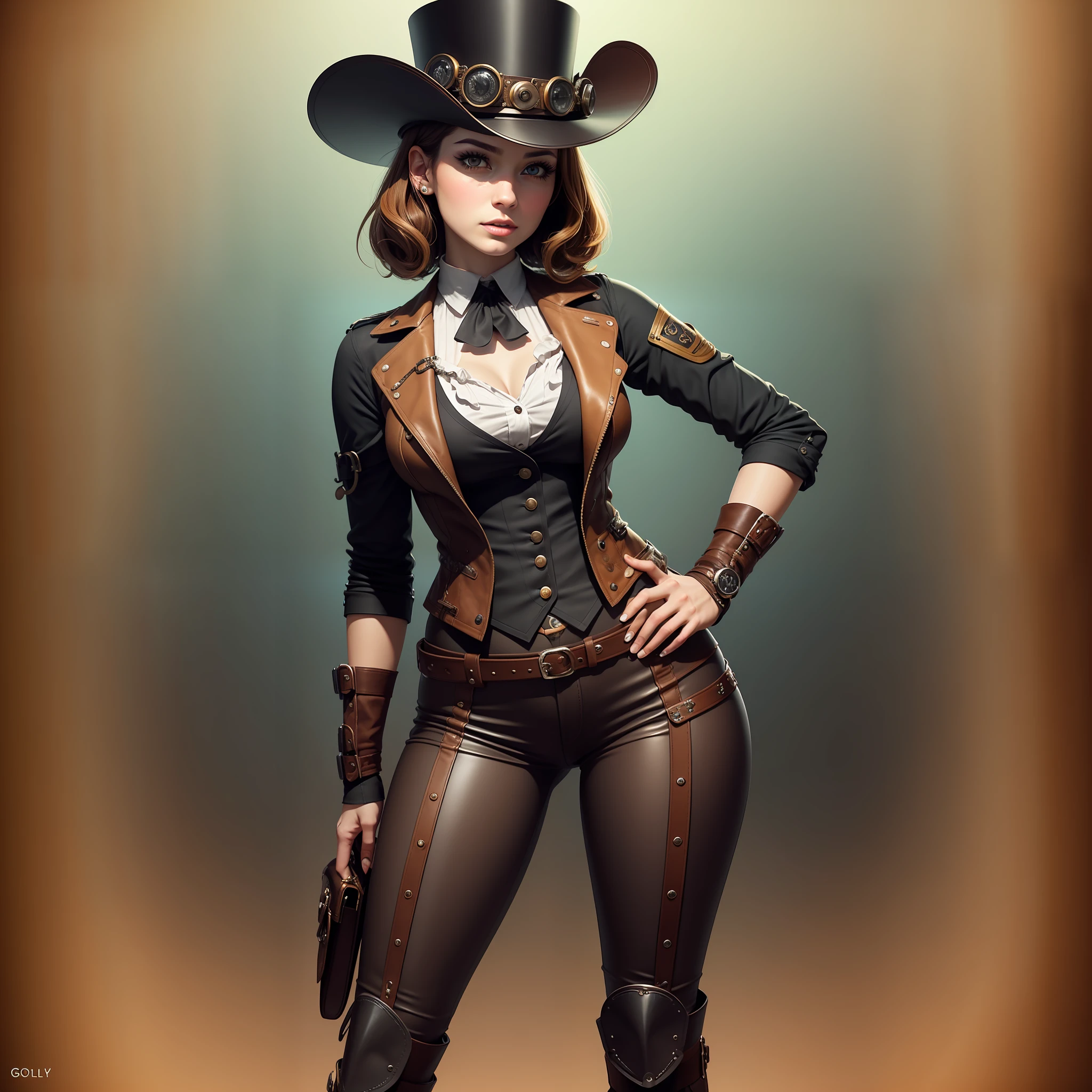 (intricate details), 27 years old, beauty, perfect anatomy, perfect face, makeup: 1.5, bright on face, facial detail, medium cut hair, brown hair, steampunk, blouse, leather vest, leather pants, long boots, top hat, antique goggles, um home d'tetive, conceptual art, realism, godley, film lighting, Multiview, Canon, UHD, High Detail, High Quality, HD, 16k,Centered,Full Body Portrait,Hat Top to Toe