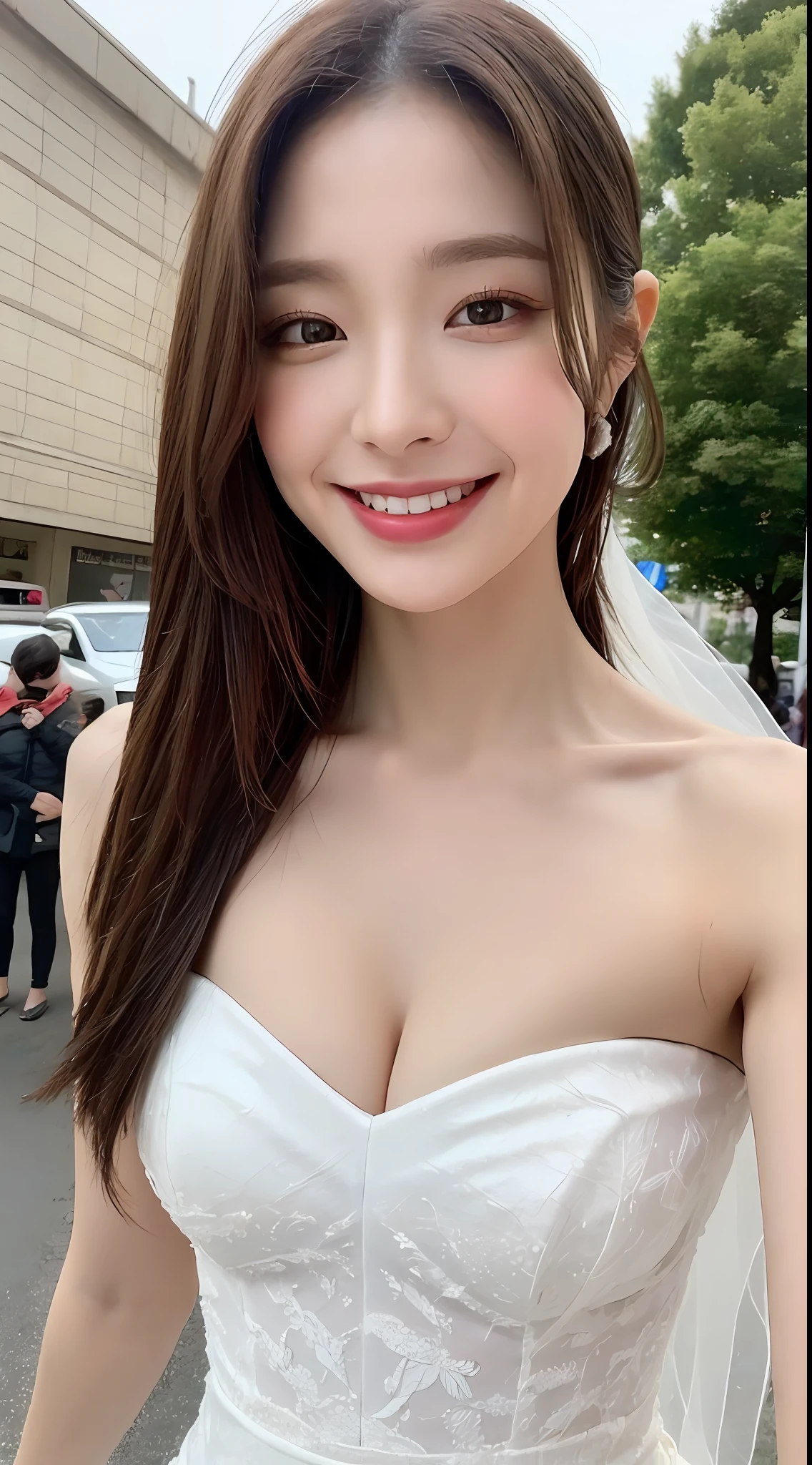 ((Best Quality, 8K, Masterpiece: 1.3)), Sharp Focus: 1.2, A Beautiful Woman with Perfect Figure: 1.4, Slim Abs: 1.2, (Layered Hairstyle,: 1.2)), (Bandeau Wedding Dress: 1.3), Rain: 1.3, Street: 1.2, Wet Body: 1.1, Highly Detailed Facial and Skin Texture, Detailed Eyes, Double Eyelids, Big Breasts, Smile,