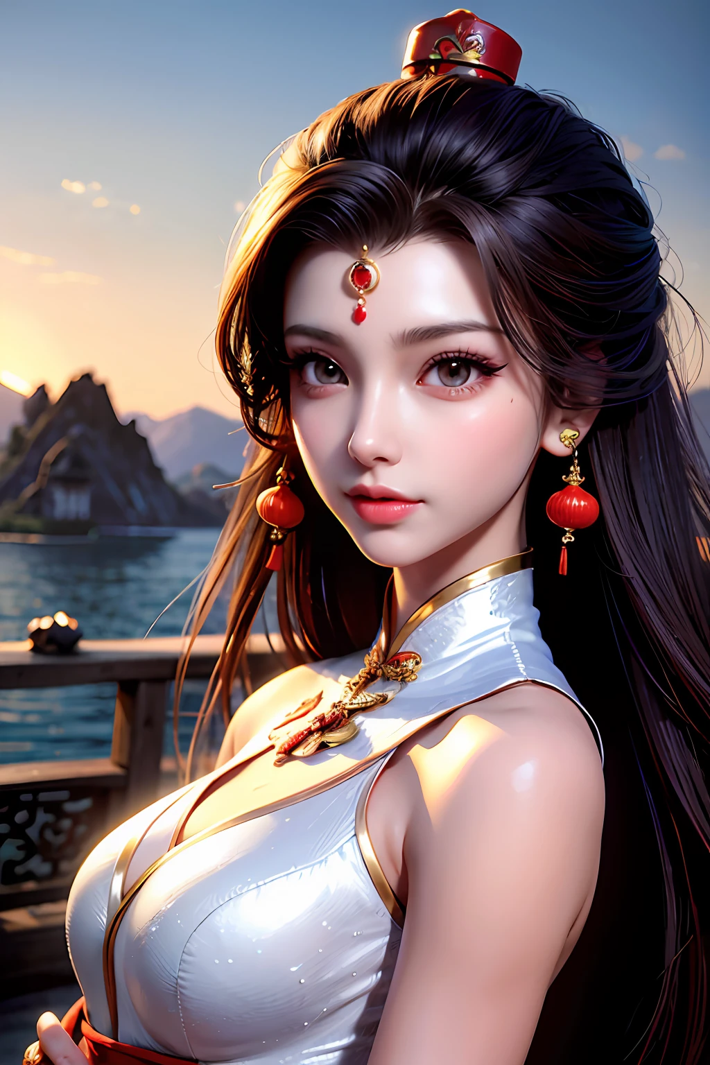 best quality, masterpiece, highres, 1girl, transparent red chinese silk dress with blue details, beautiful face, hair ornament, looking at the viewer, smile, closed mouth, lips, dress, hair ornament, necklace, jewelry, long hair, earrings, beautiful face, sobre_corpo, tyndall effect, photorealistic, pagoda landscape, rim lighting, two-tone lighting, (highly detailed skin: 1.2),  8k uhd, dslr, soft lighting, high quality, volumetric lighting, spontaneous, photography, high resolution, 4k, 8k, Bokeh