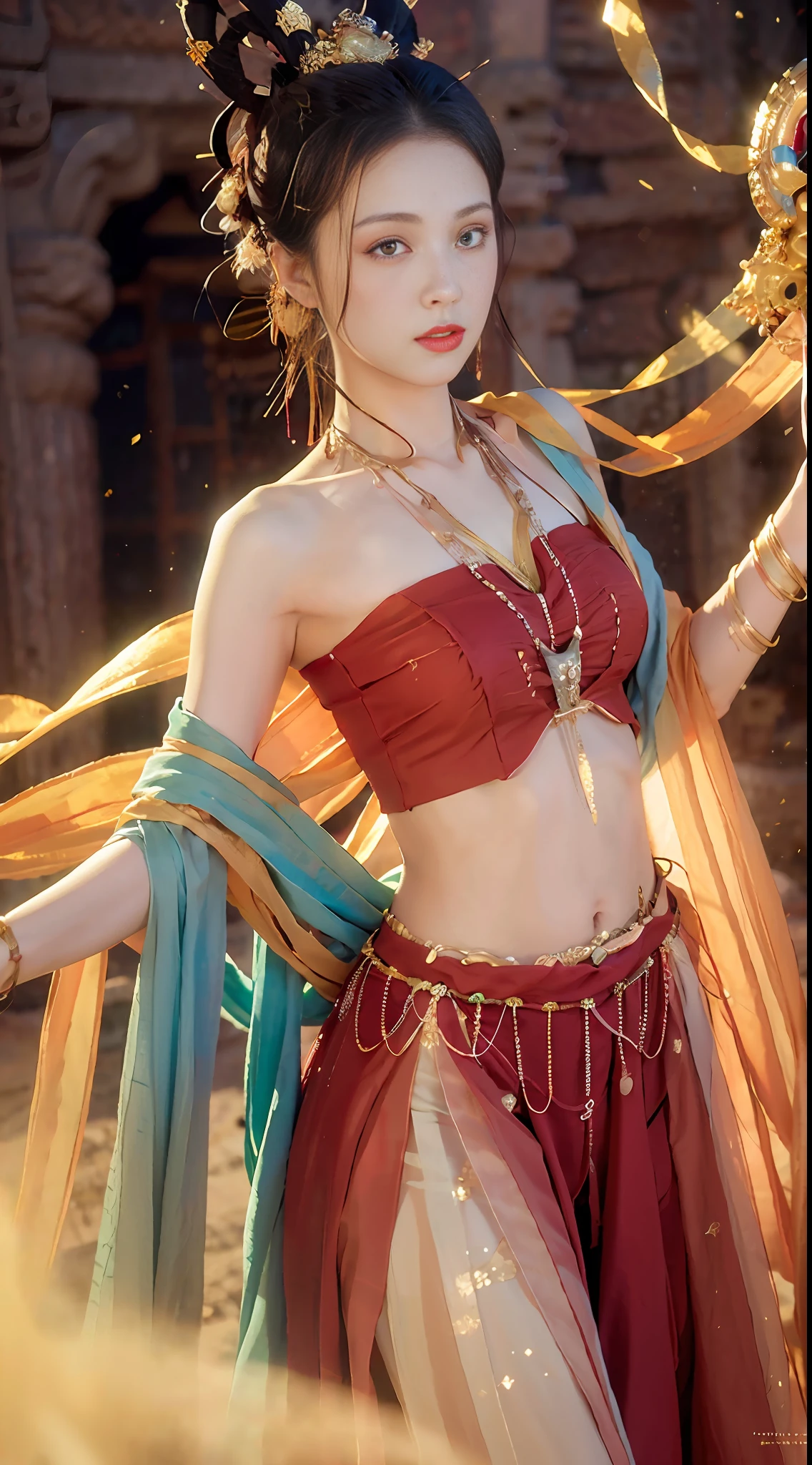 (8k, RAW photo, best quality, masterpiece:1.2), (realistic, photo-realistic:1.4), (extremely detailed CG unity 8k wallpaper), (1 girl:1.5), Western beauty, (Red clothes: 1.4), red spots on forehead, pale skin, blush, big eyes, full body, thighs, open navel, gold waist chain, gold jewelry, flying ribbons, particles, background is Loulan ancient city, ancient city wall, desert, dance, dunhuang_dress, dunhuang_style,