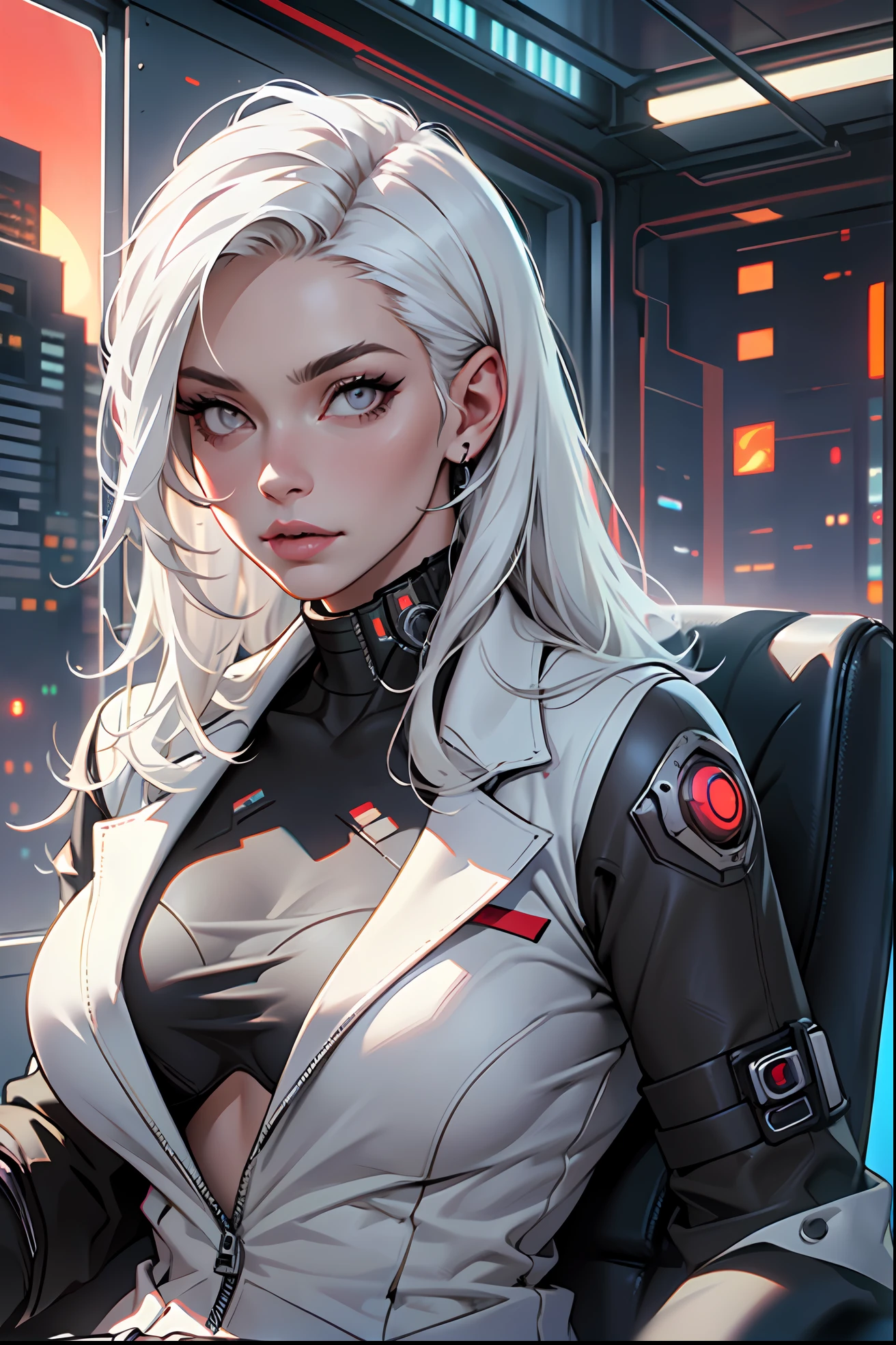 (masterpiece:1.3), (8k, photorealistic, RAW photo, best quality: 1.4), (1girl), beautiful face, (realistic face), Nice hairstyle,Realistic Eyes,Nice detail eyes,(Realistic Skin),Beautiful Skin,Ridiculous,attractive,Ultra high Resolution,an ultra realistic,RAWExtremely detailed,golden proportions, Woman wearing business outfit, white formal blazer, white blouse, white high waist business skirt, beautiful, masterpiece, best quality, perfect lighting, (white hair:1.4), long hair, (grey eyes:1.2), slender build, thin, medium breasts, business woman, ceo of small arms and aerospace centered mega corporation, sitting in luxurious black office chair, giant modern window with view of dusk cyberpunk city skyline in background, torso shot, dusk, (cyberpunk city background:1.3), (Hazy sky:1.2), (Dim red sun:1.3), eyelashes, dark eyeliner, cyberpunk, older, sleek modern-futuristic office, (white clothes:1.2), (aerospace:1.1)