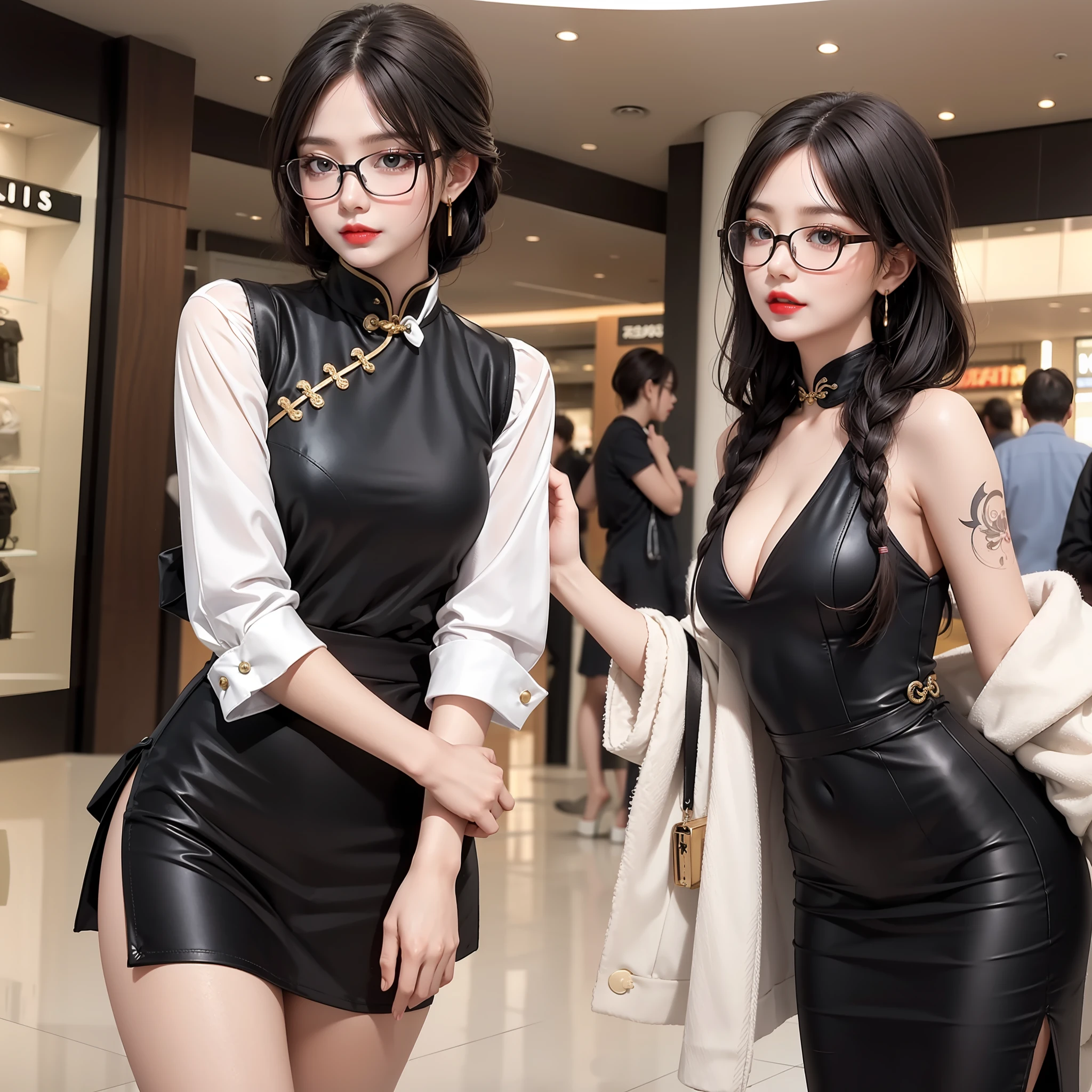 A silly white sweet, wearing glasses, masterpiece, light makeup, red lips, coiled hair, side braids, shopping mall background, beautiful, elegant. Ultra-fine details, master works, real texture, cinematic lighting realism, perfect works, 8k, high definition, exquisite facial features. Fitted cheongsam with split shoulders and pear-shaped figure. Rounded hips, slender little waist, sexy chest, vest line, collarbone, bright big eyes, smooth skin, earrings, tattoos, short and cute beautiful legs. Deep in the human, cat cherry lips. Perfect waist-hip ratio. Peerless looks