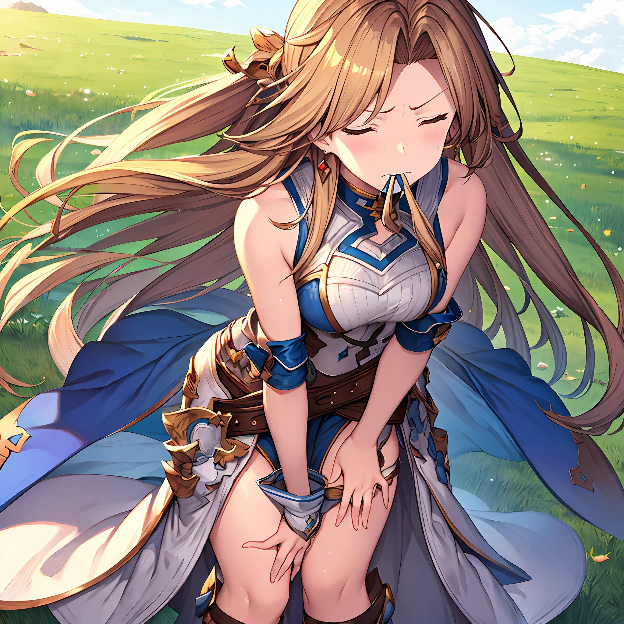 masterpiece, Best quality, High resolution, 6 star costume, 1 girl, Solo, Grass, katalina (granblue fantasy),fog,put two finger between legs,legs closed,closed eyes,sad,teary eyes、Hold your crotch with both hands,Hold your crotch with both hands,Hold your crotch with both hands,Hold your crotch with both hands,frown, frown, mouth wide open, leaning forward