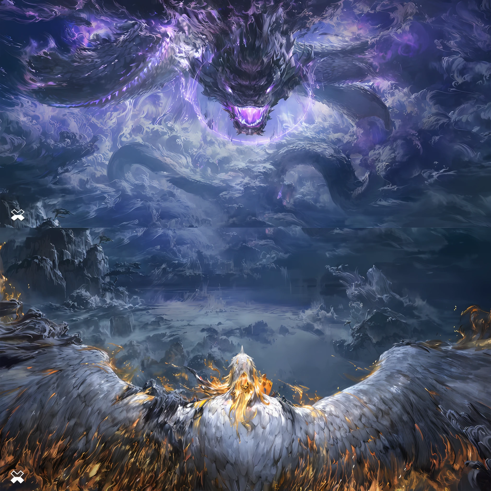 there is a large bird flying over a field of grass, 4k highly detailed digital art, colossal dragon in background, highly detailed fantasy art, colossal dragon as background, ffxiv heavensward, high detailed official artwork, 2. 5 d cgi anime fantasy artwork, detailed digital 2d fantasy art, wide angle fantasy art, detailed fantasy digital art, ultra detailed game art