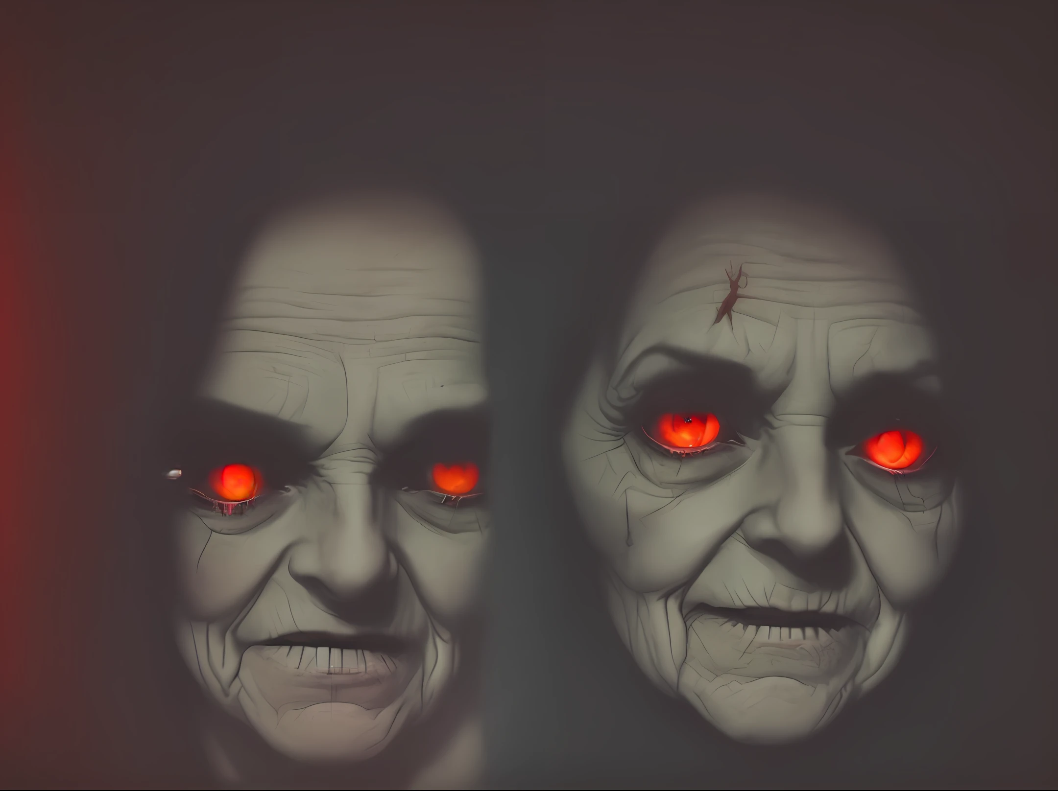 Under the bed, the scariest old lady of all, is watching you, chilling, from the dark, very dark, black sheets, cinematic, faded colors, dark background plane, soft colors, grainy, lut, scary Red eyes pointed nose, written 666 on the forehead
