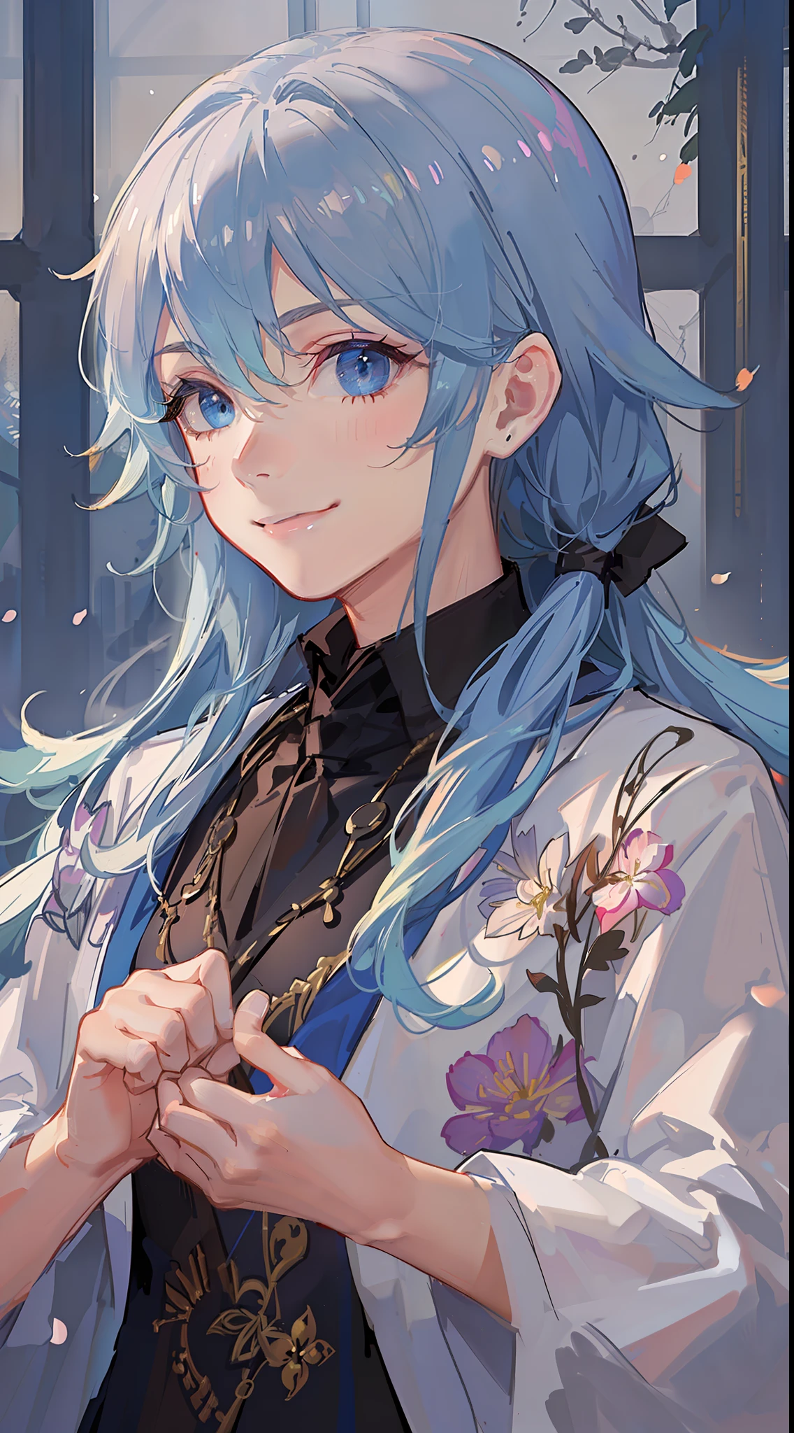 Young boy, long aquamarine hair, blue eyes, white artist robes, smile, brush, masterpiece, high quality