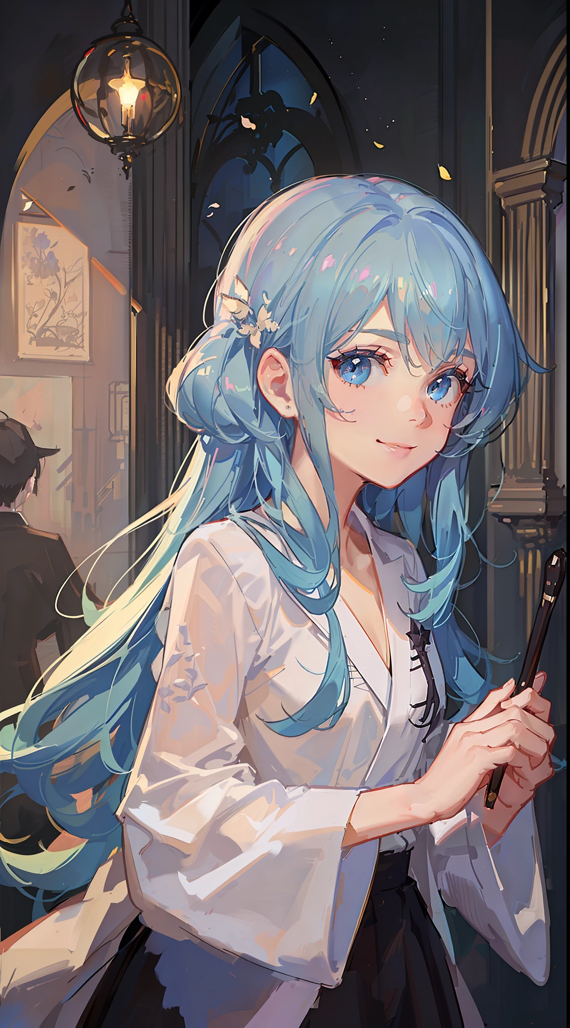 boy, long aquamarine hair, blue eyes, white artist robes, smile, brush, masterpiece, high quality